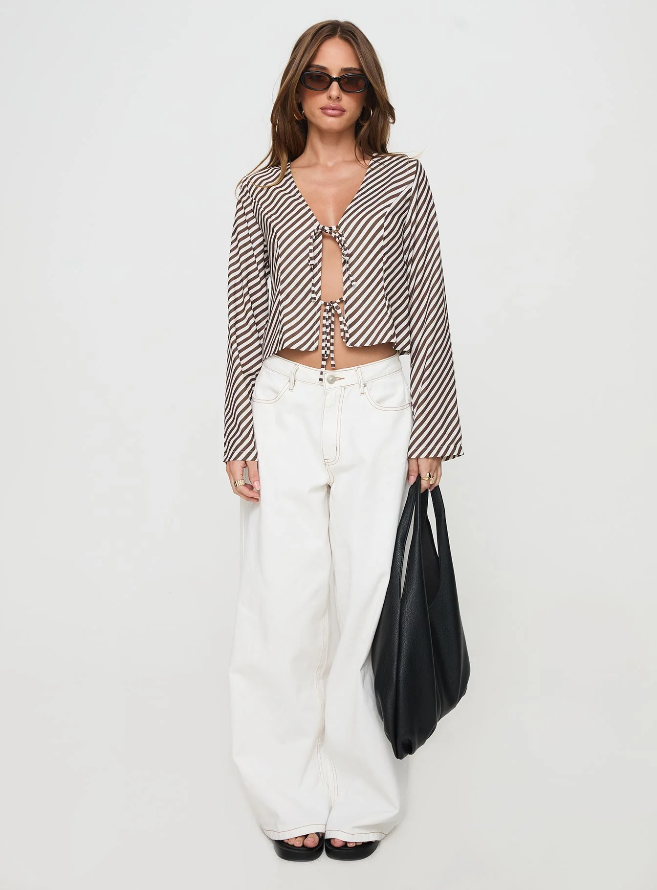 Maxette Long Sleeve Tie Top Brown Stripe