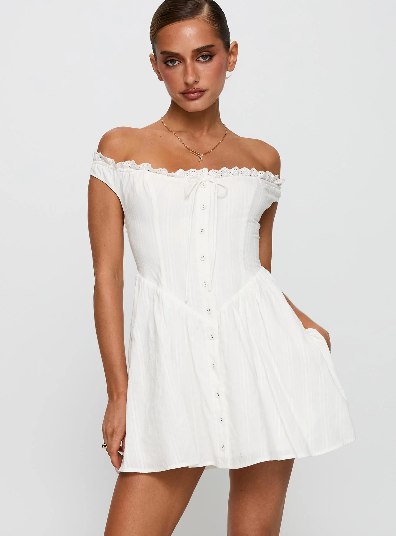 White Horse Off The Shoulder Mini Dress White