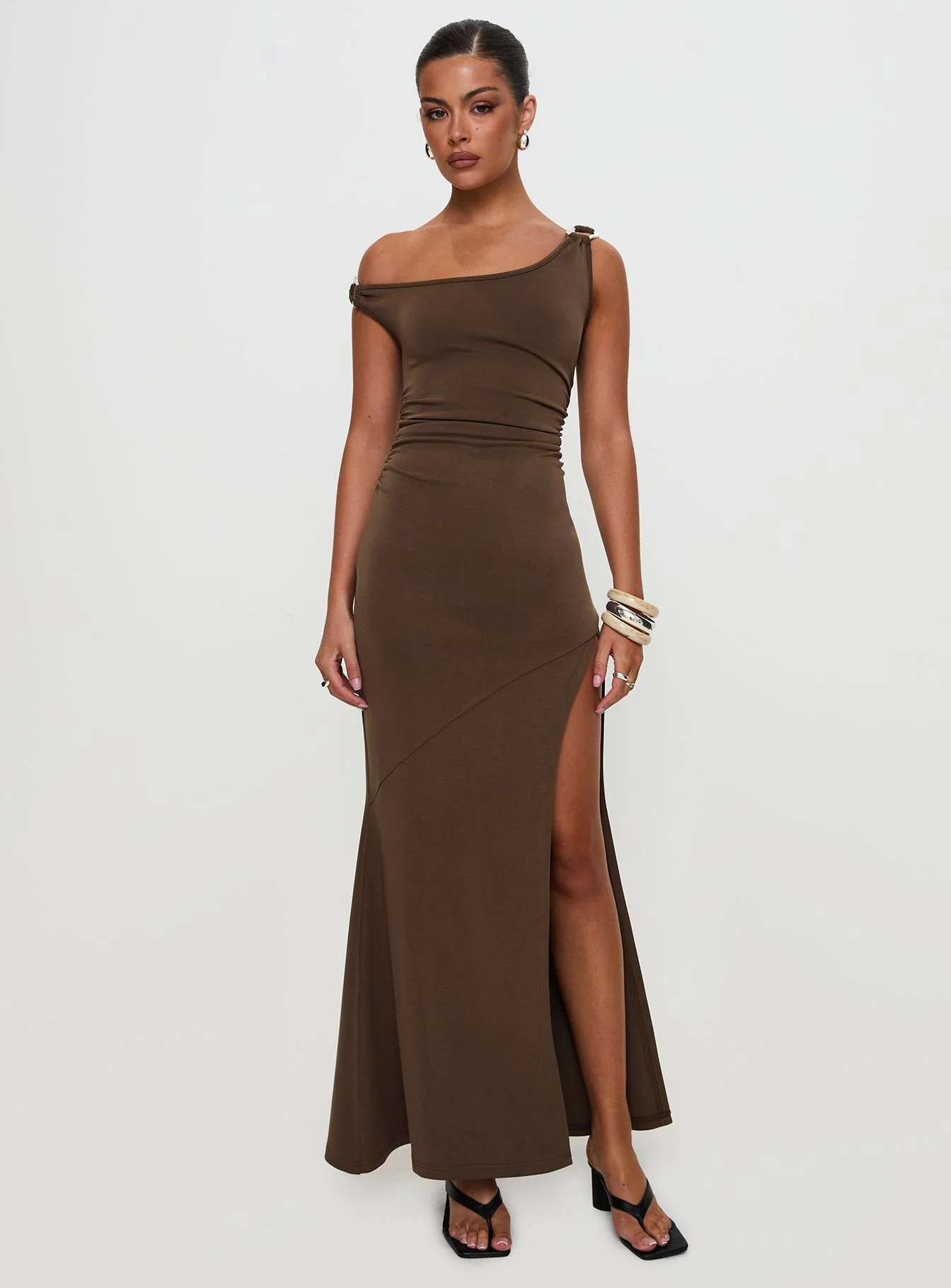 Rios One Shoulder Maxi Dress Brown
