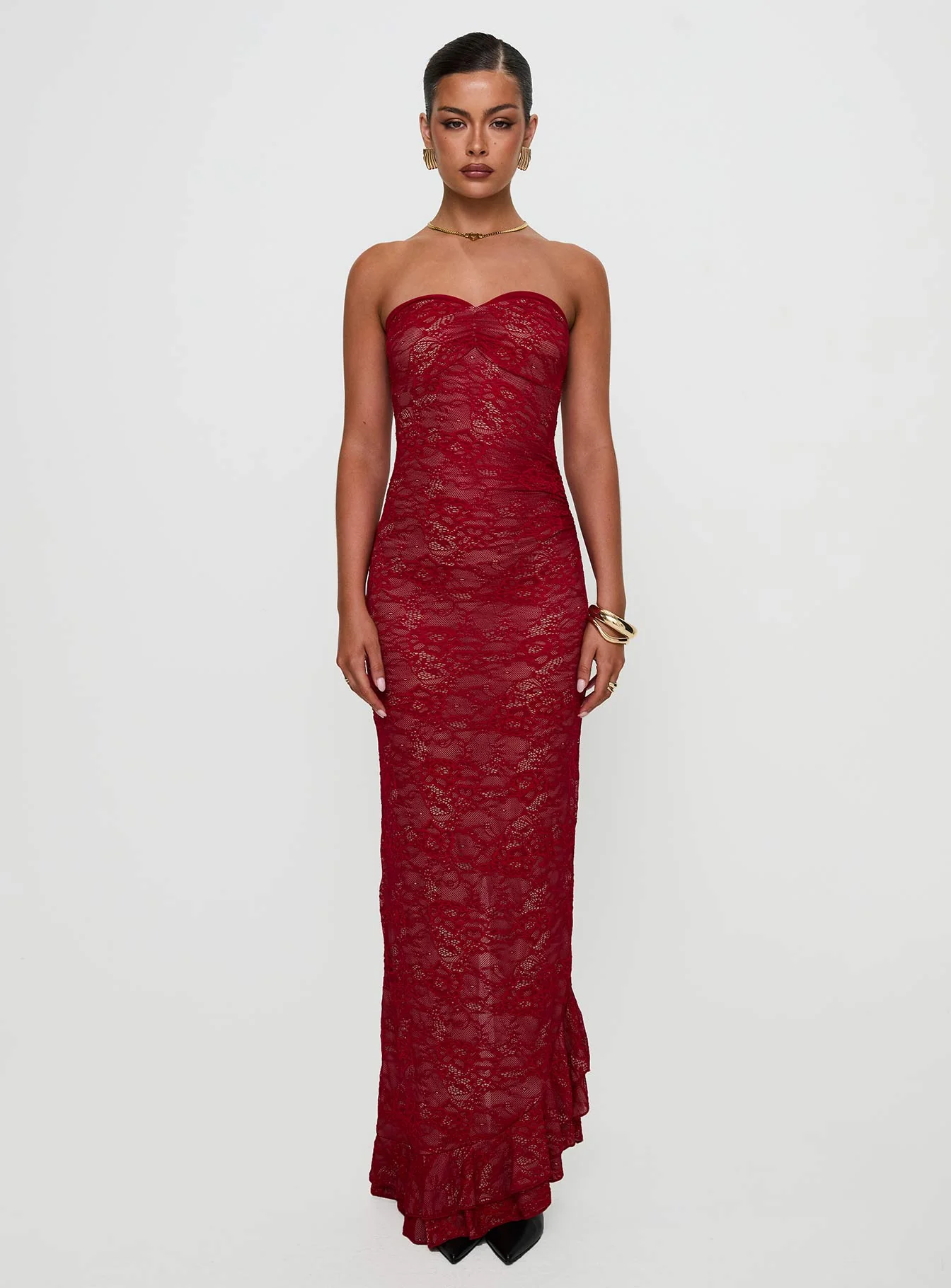 Hailees Lace Strapless Maxi Dress Red