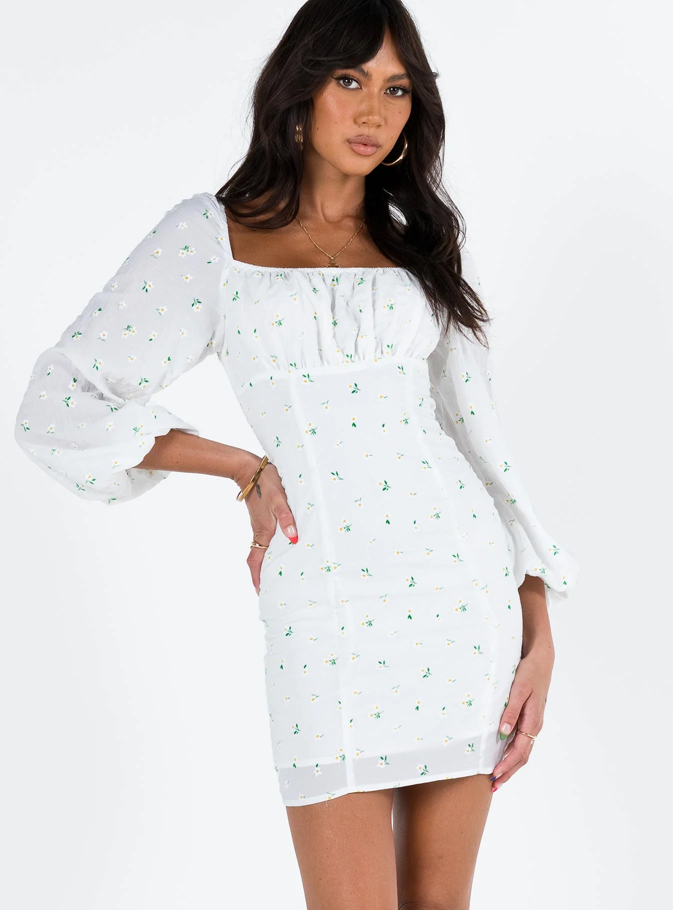 Napier Long Sleeve Mini Dress White