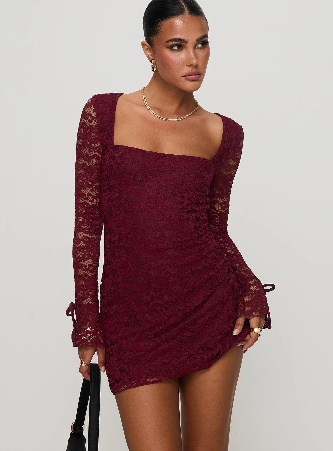 Lucianna Long Sleeve Lace Mini Dress Burgundy