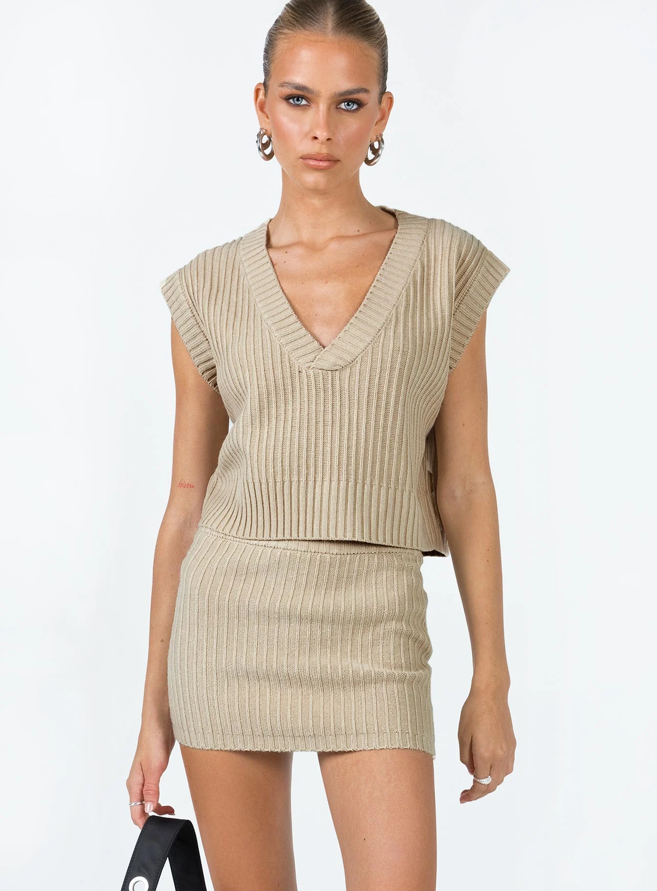 Saddle Knit Mini Skirt Beige