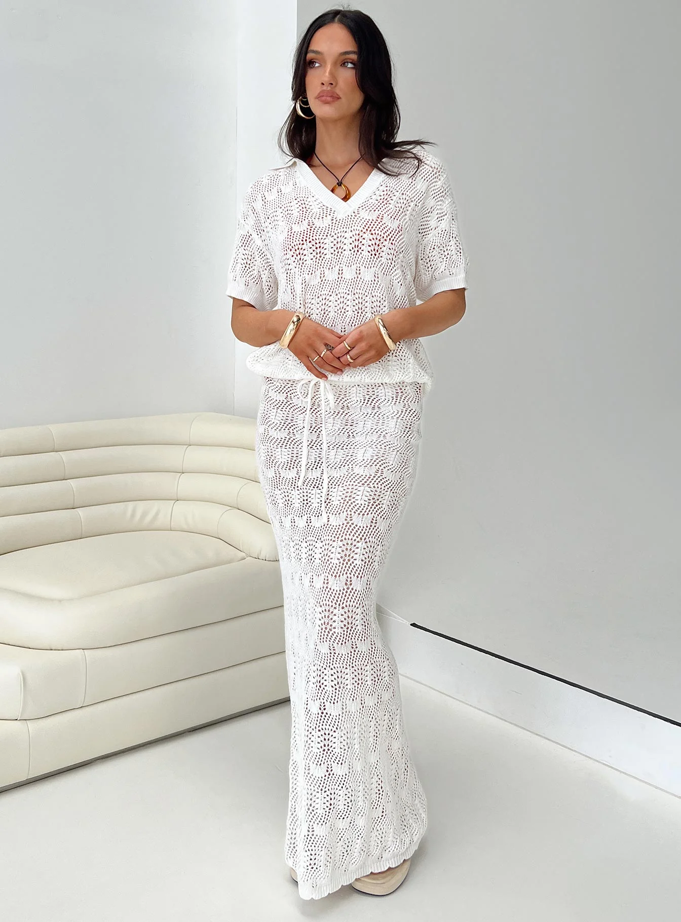 Vacation Knit Maxi Skirt White