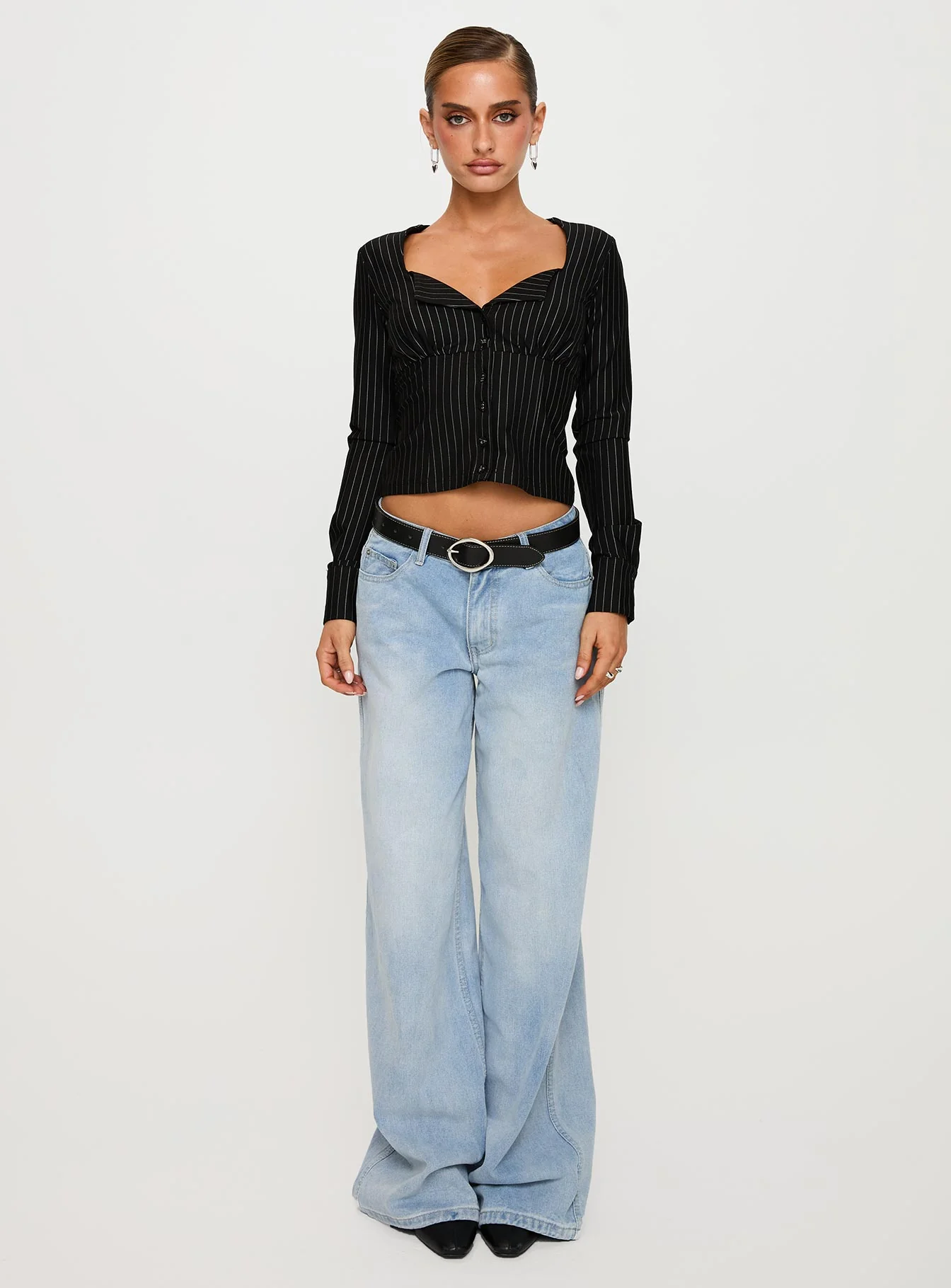 Set For Life Foldover Detail Long Sleeve Top Black / White Pinstripe