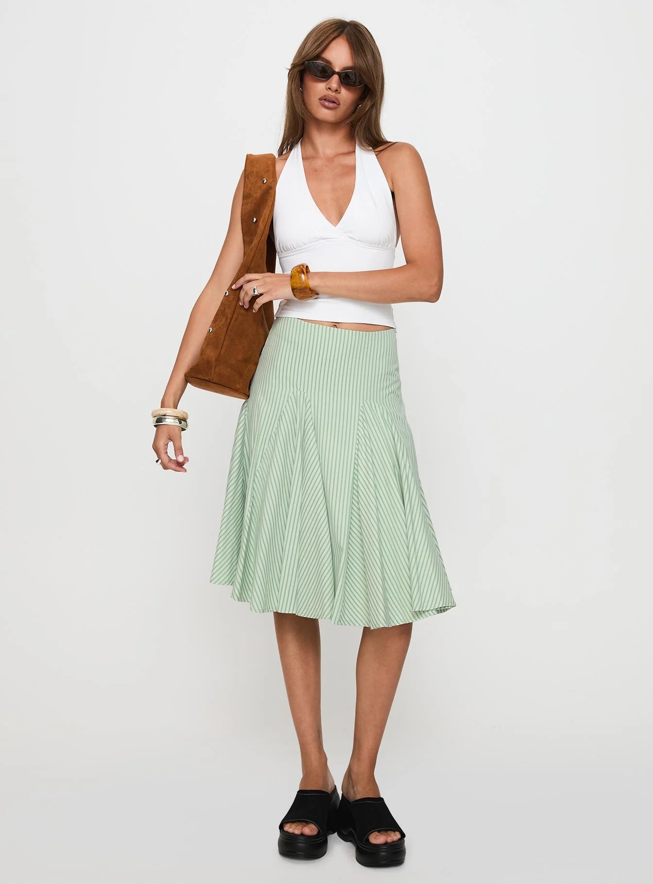 Evangaleine Pleat Midi Skirt Green / White