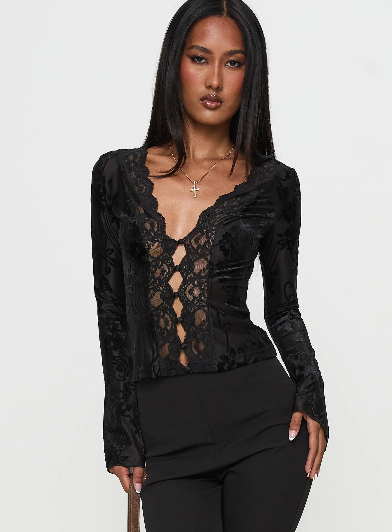 Find An Angel Long Sleeve Lace Trim Top Black
