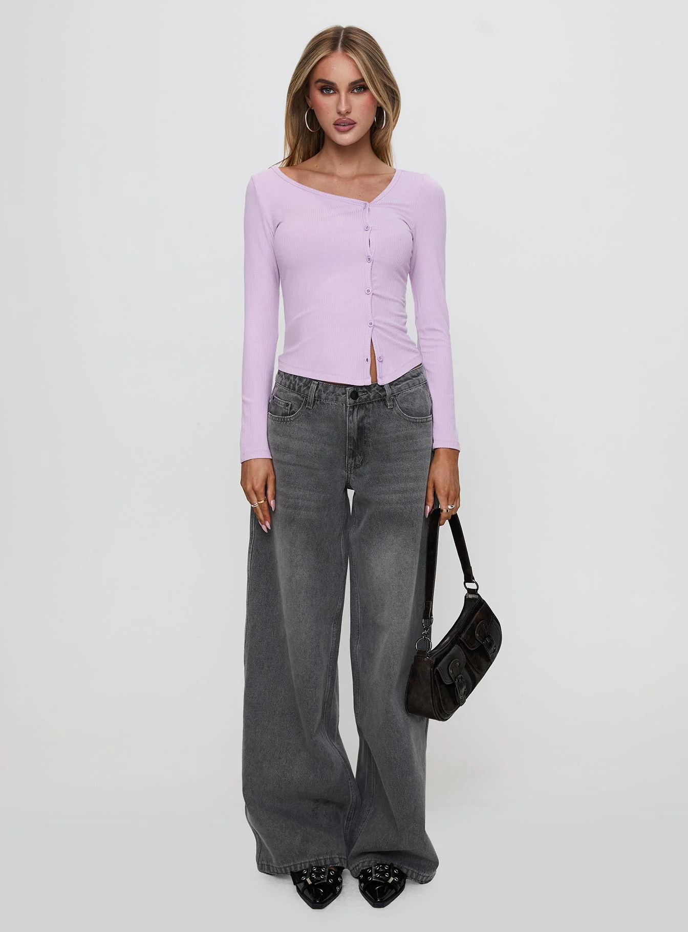 Sadira Long Sleeve Button Up Top Lilac