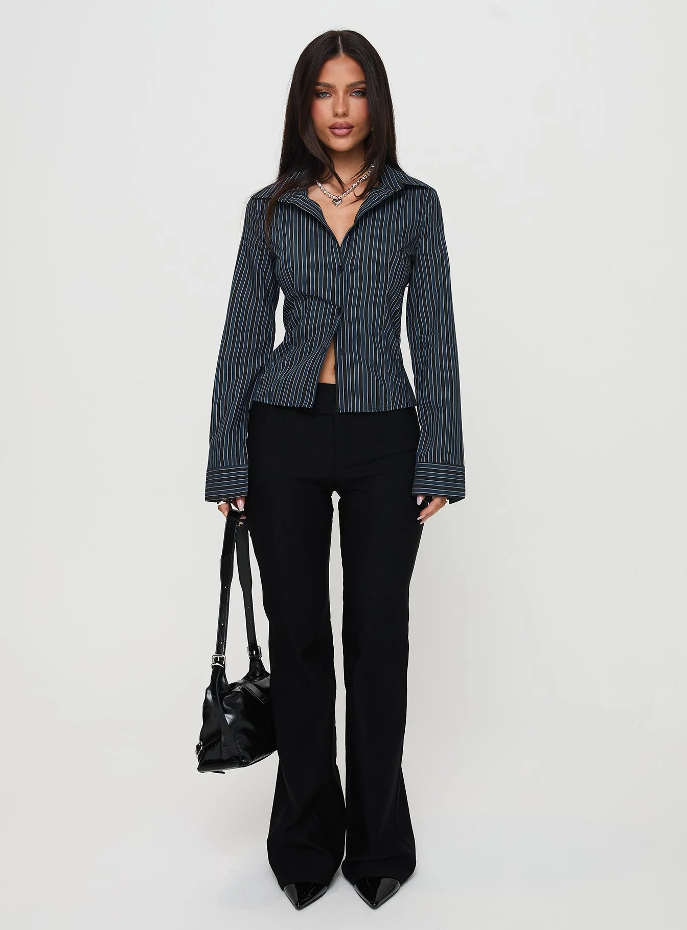 Theroux Long Sleeve Top Navy Pinstripe