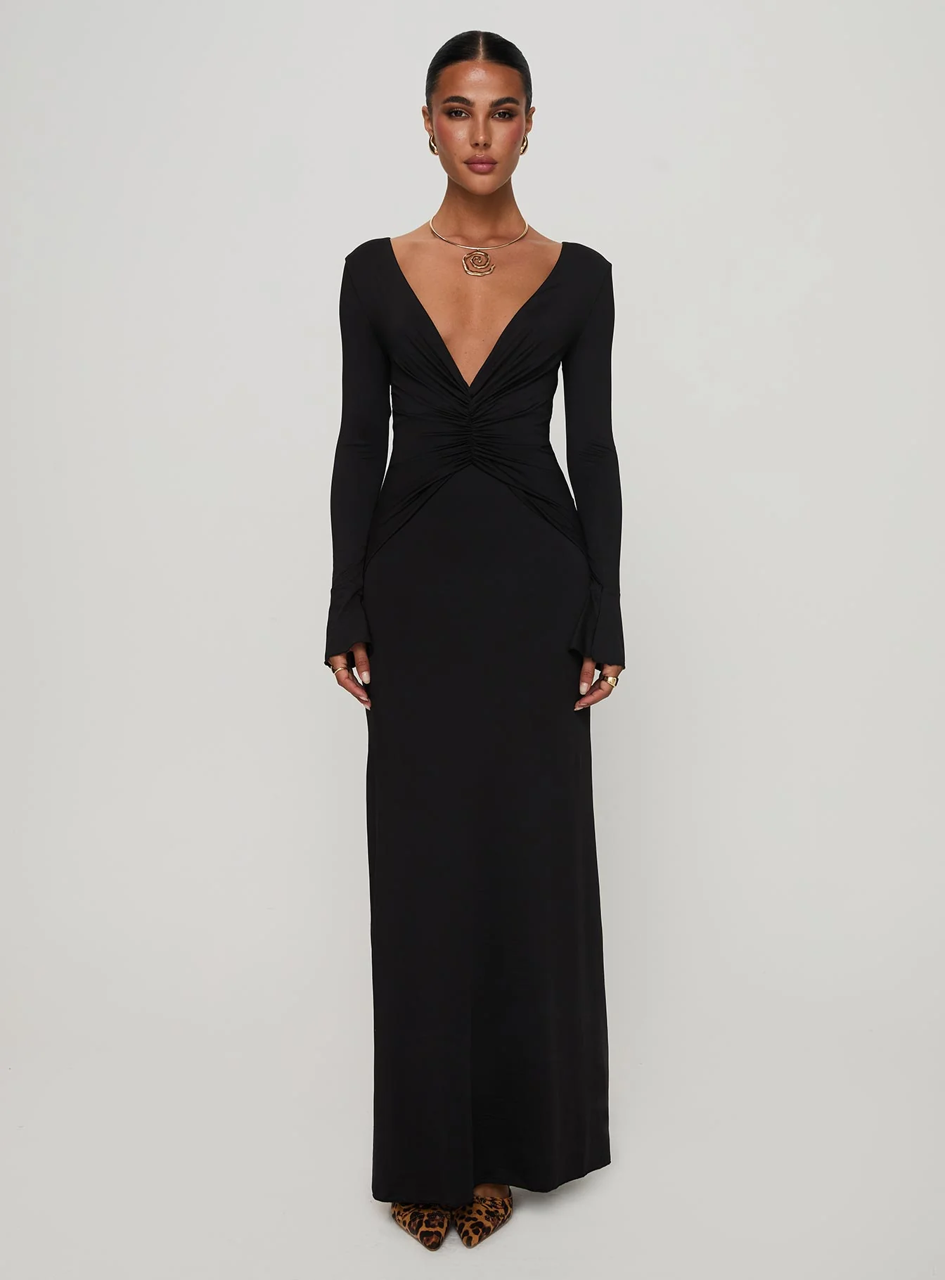 Lezure Plunge Long Sleeve Maxi Dress Black