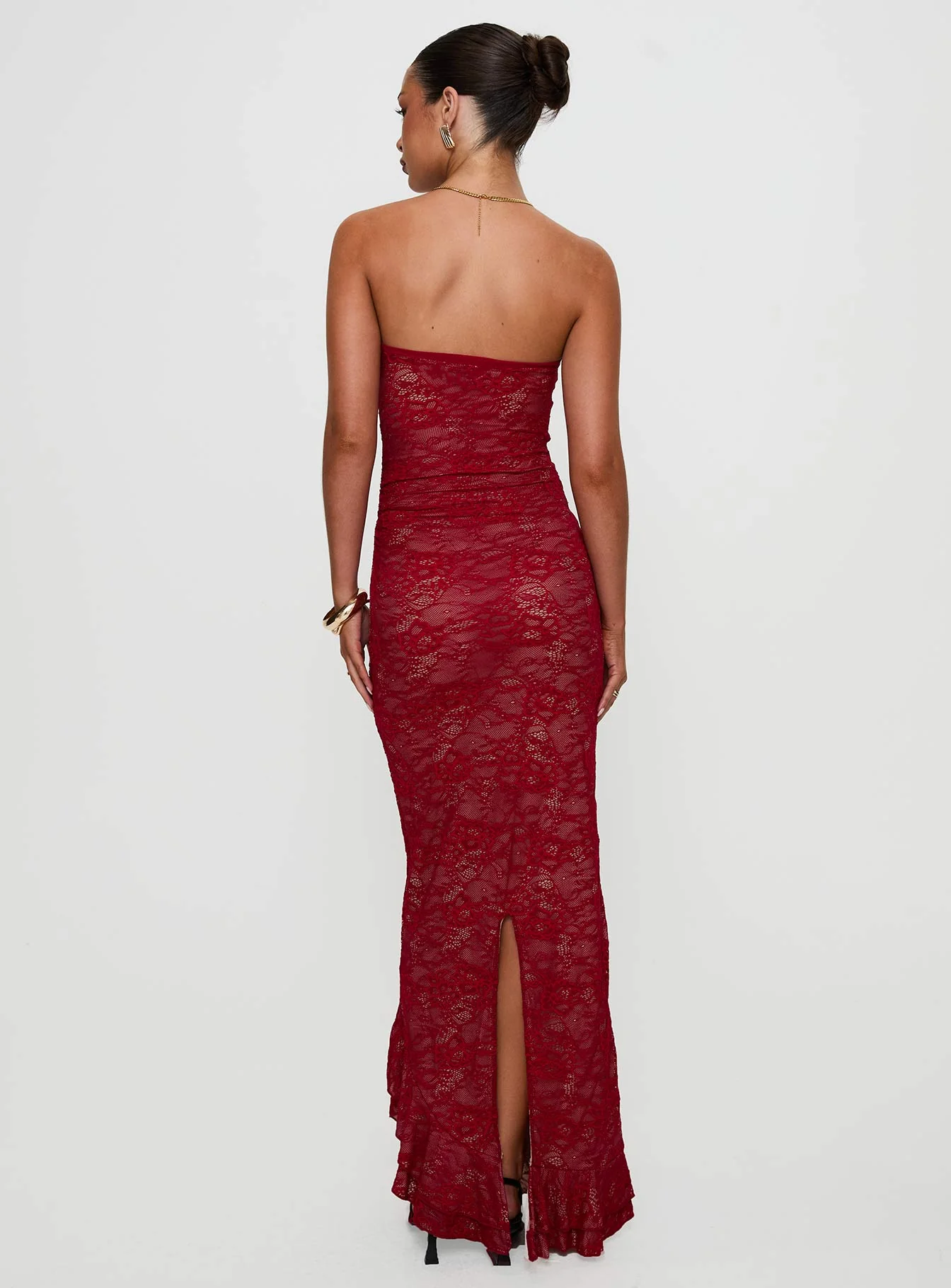 Hailees Lace Strapless Maxi Dress Red