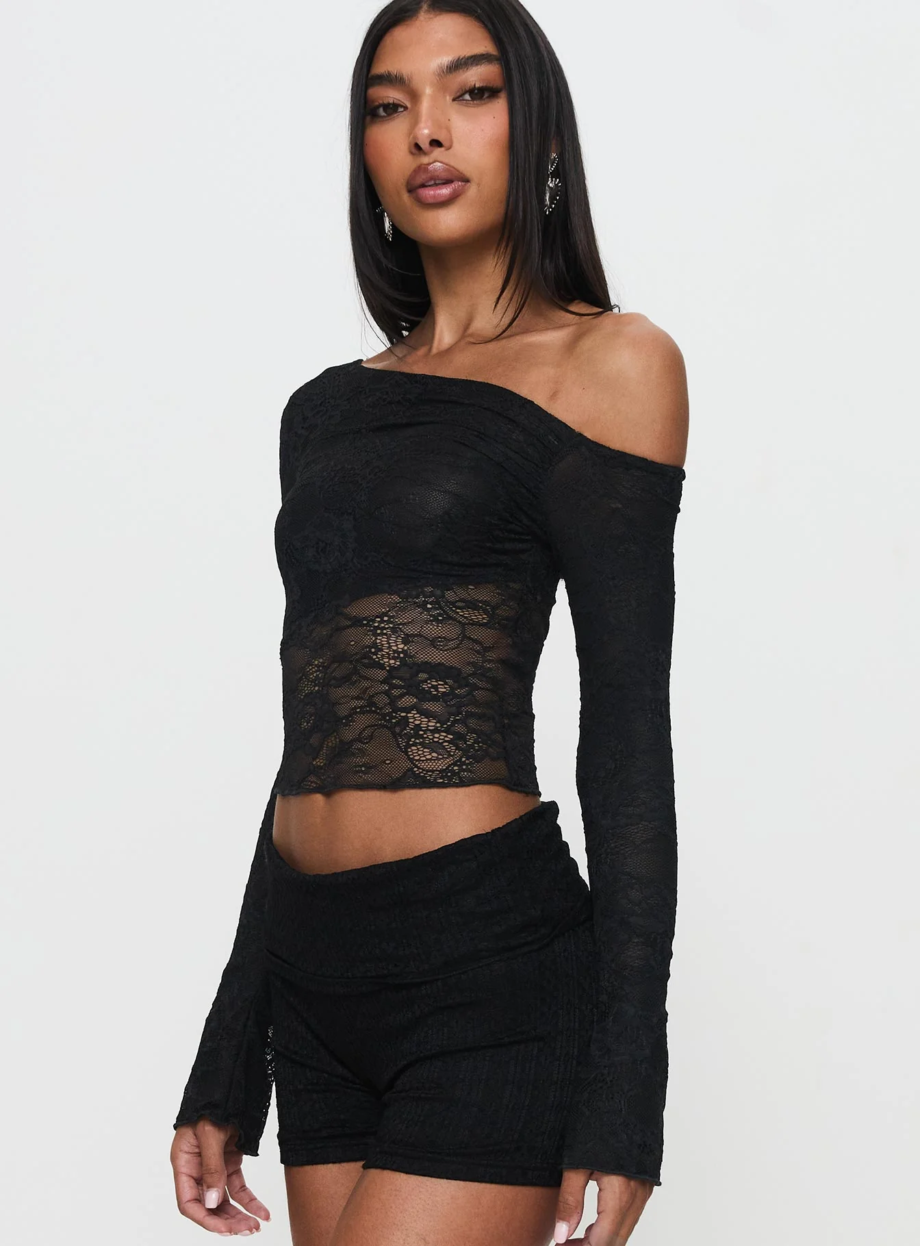 Tiberius Lace Asymmetrical Long Sleeve Top Black