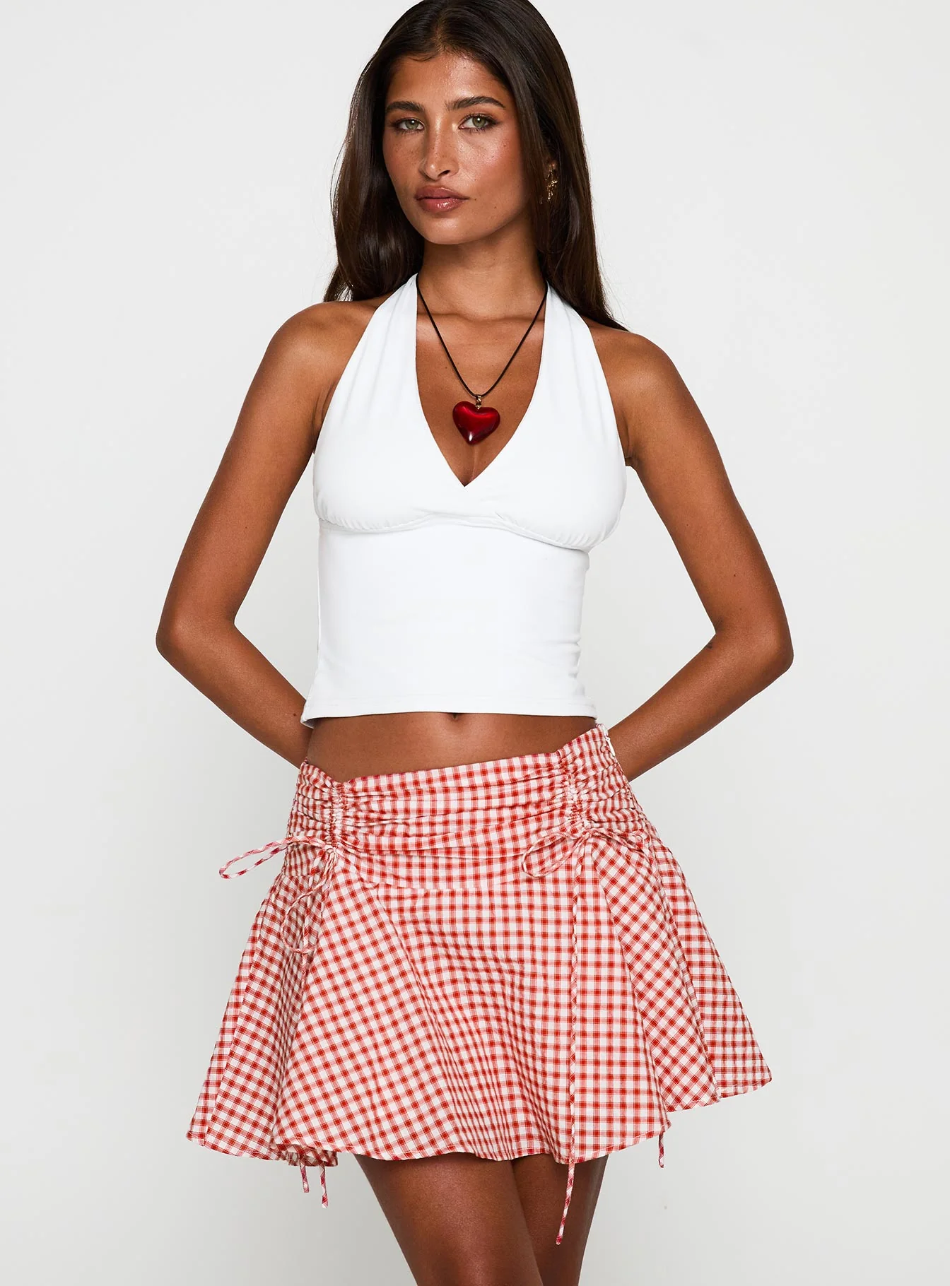 Sweet Verona Ruched Mini Skirt Red Check