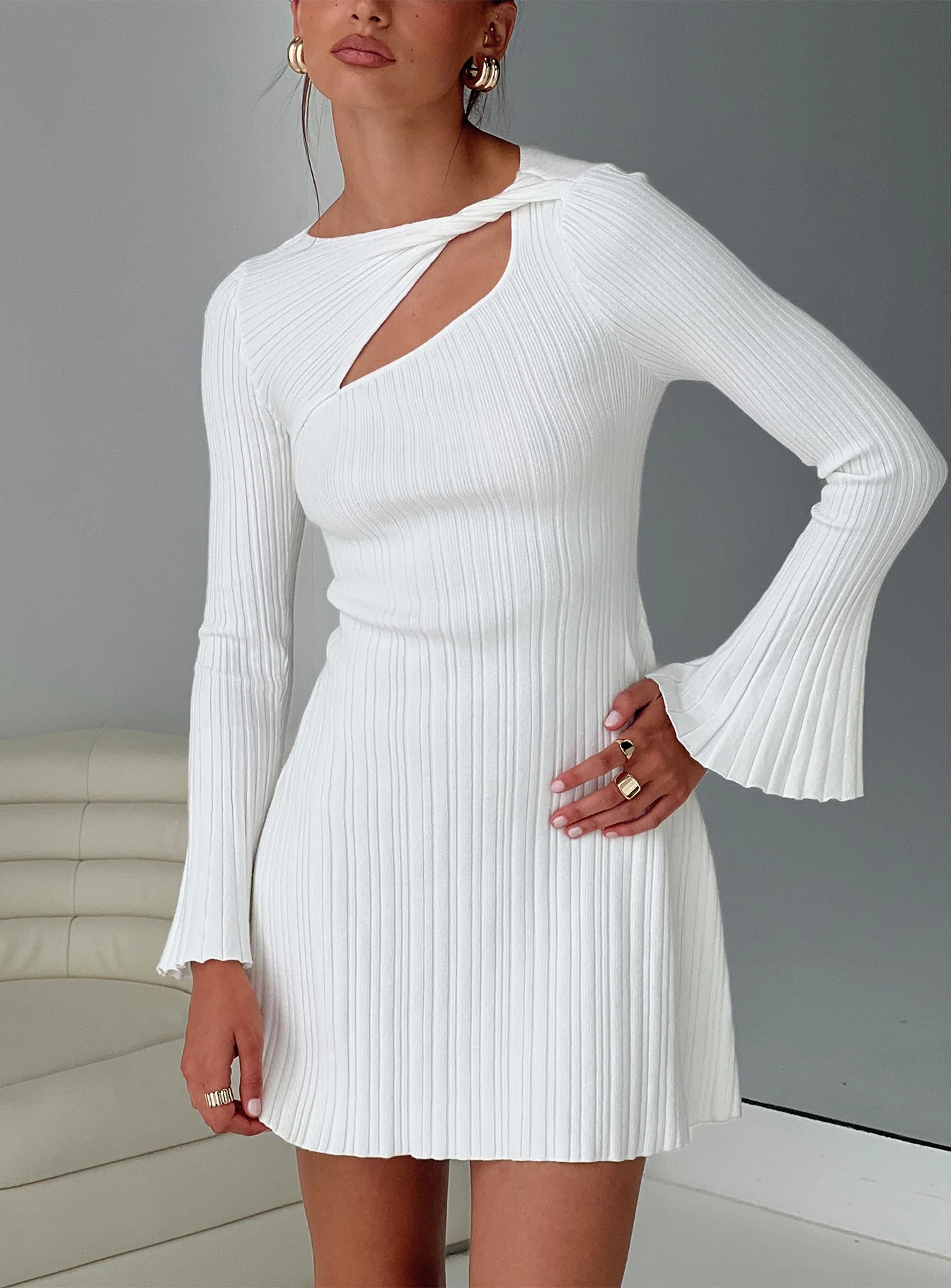 Terraces Long Sleeve Mini Dress White