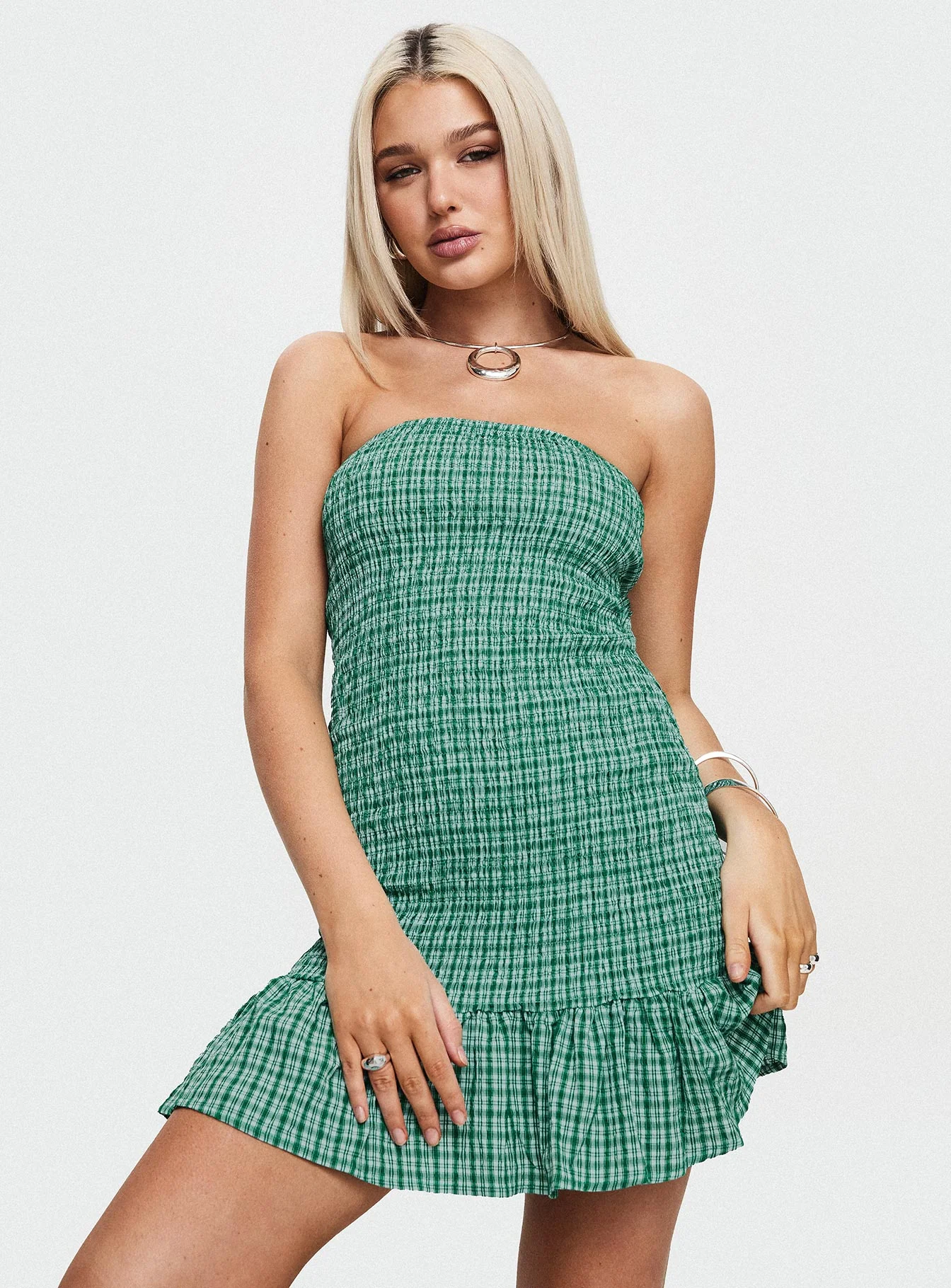 Porschia Strapless Mini Dress Green Check
