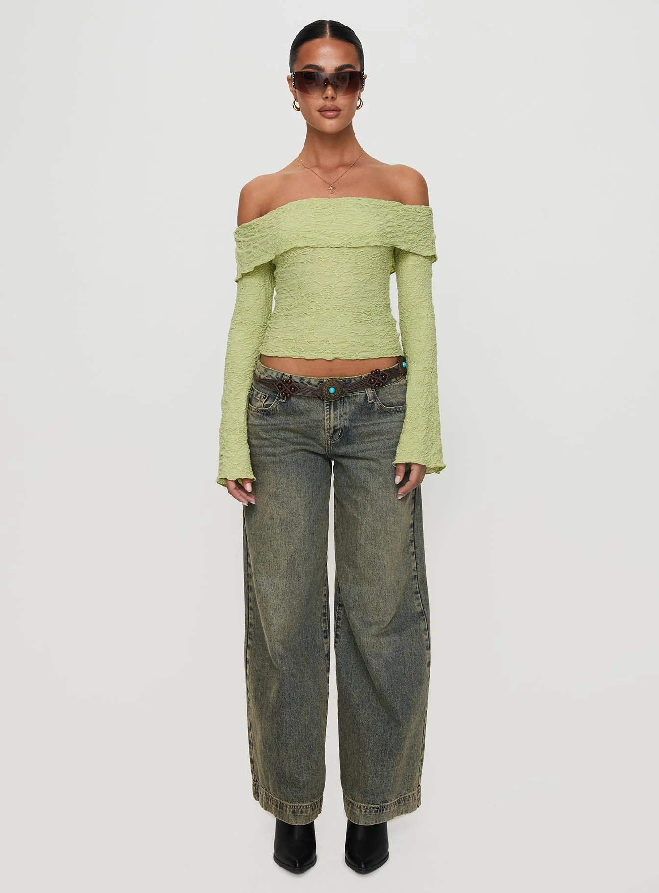 Back With Love Off Shoulder Long Sleeve Top Green