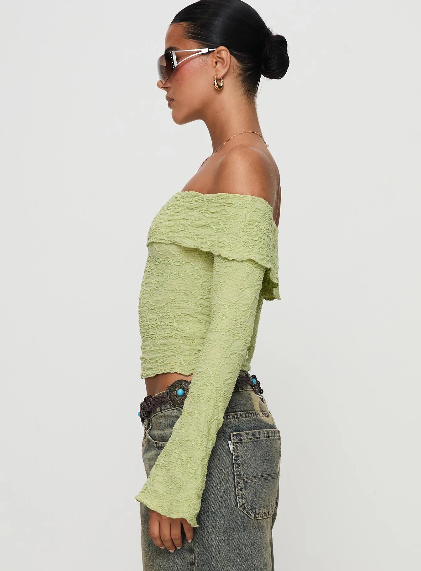 Back With Love Off Shoulder Long Sleeve Top Green