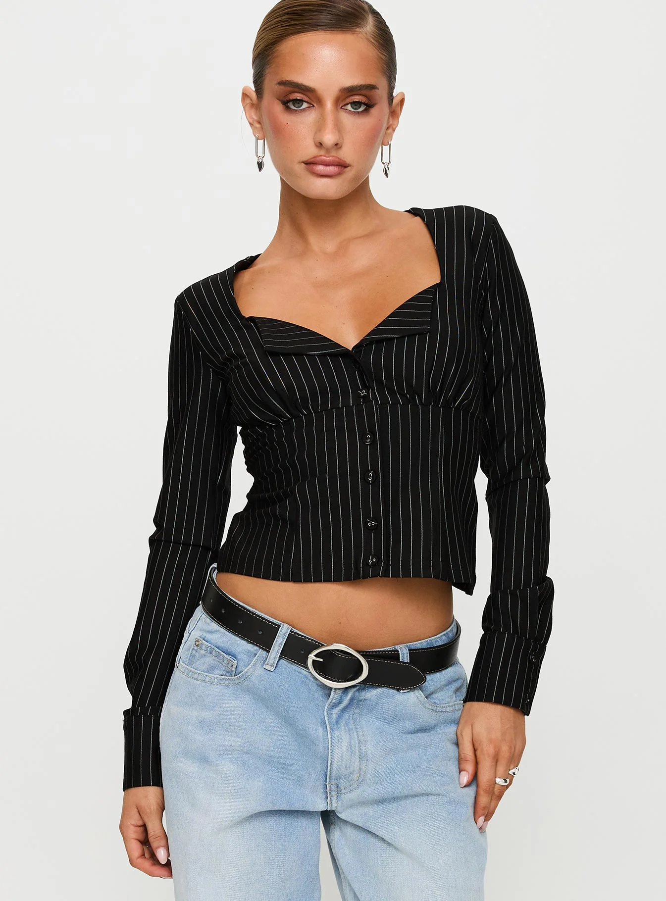 Set For Life Foldover Detail Long Sleeve Top Black / White Pinstripe