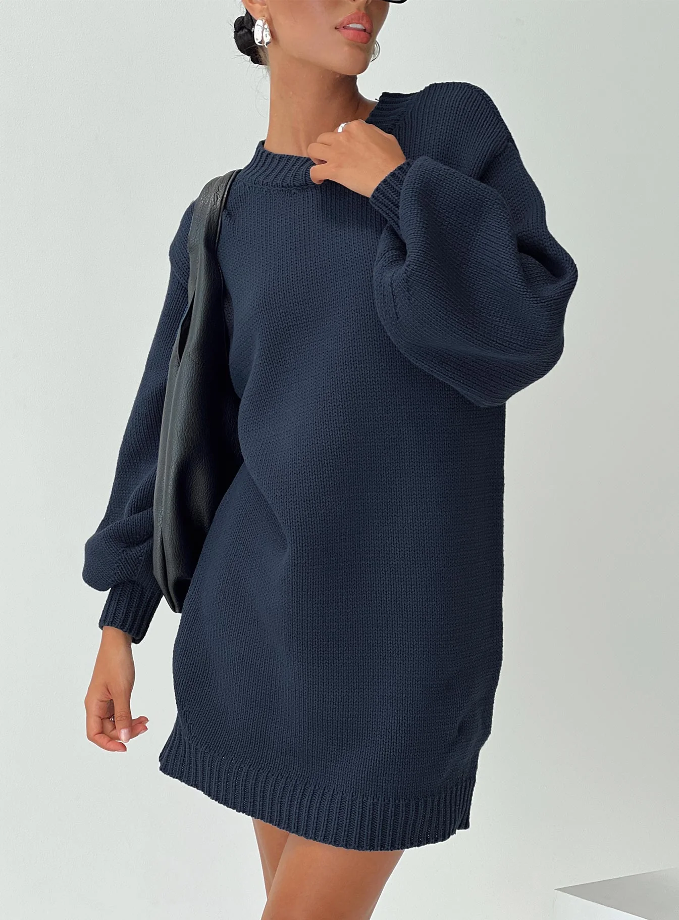 Harmony Balloon Sleeve Knit Mini Dress Navy