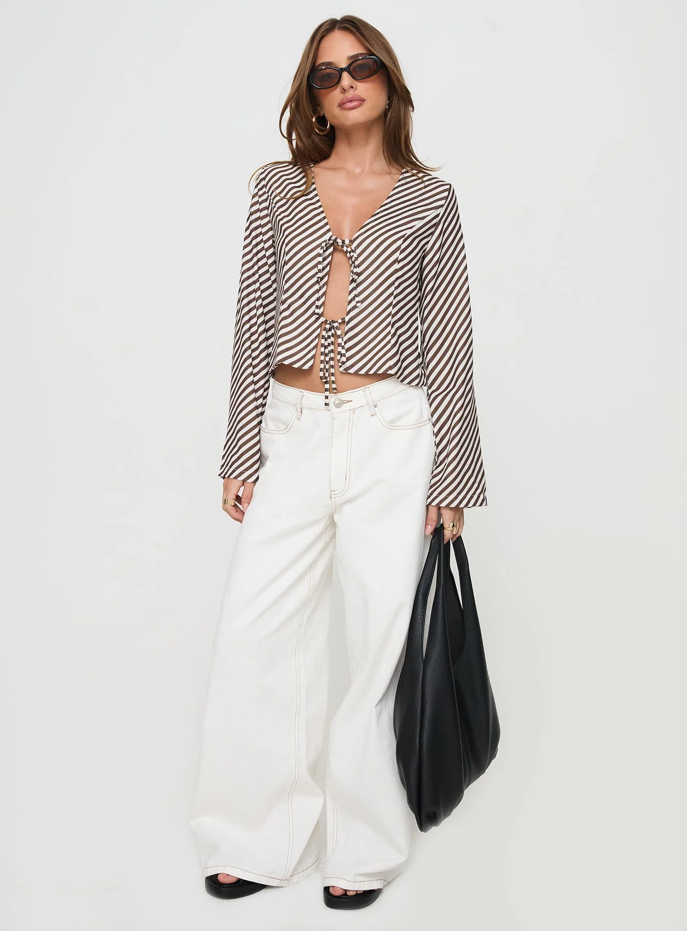 Maxette Long Sleeve Tie Top Brown Stripe