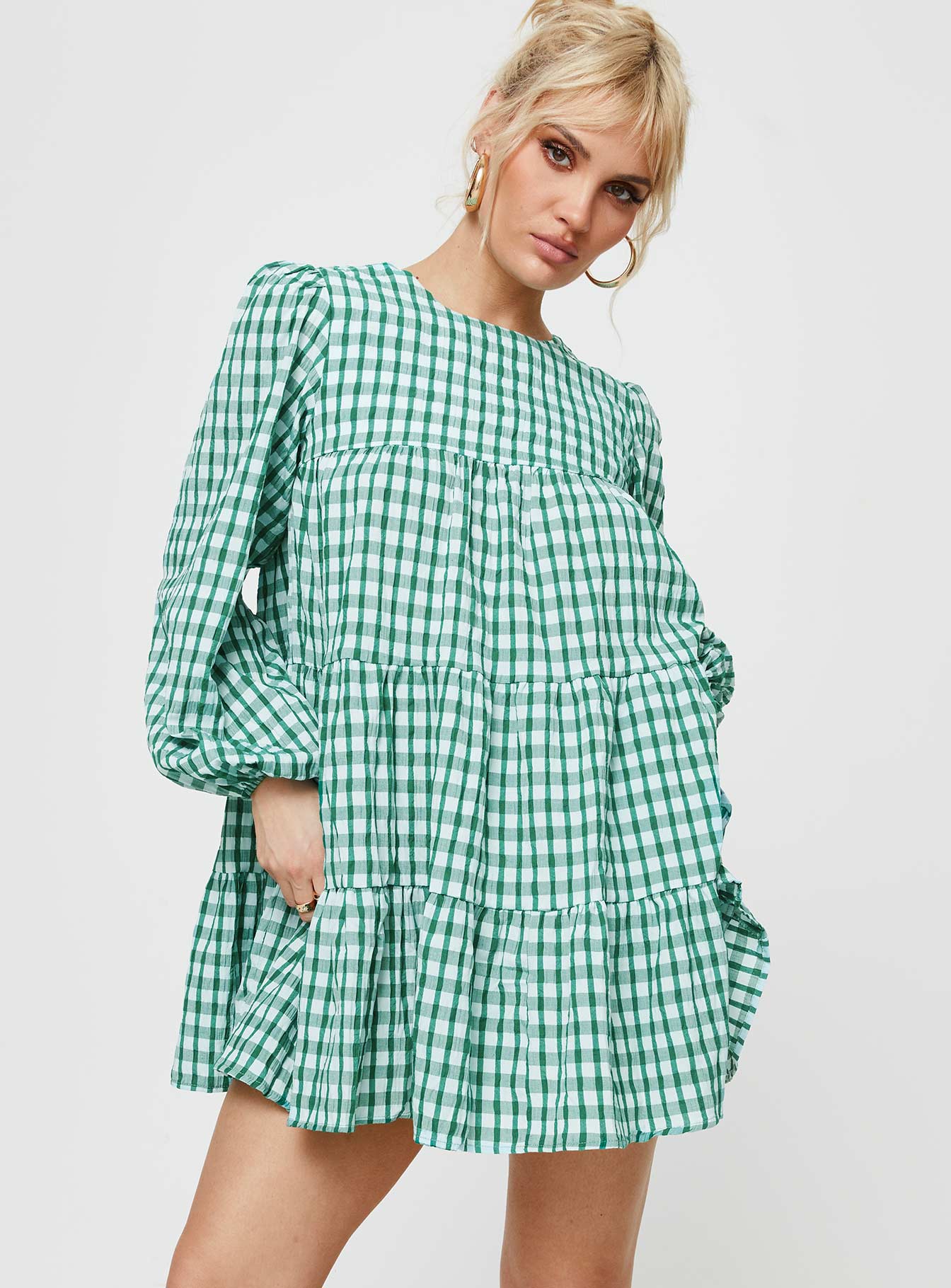 Miami Long Sleeve Mini Dress Green Check