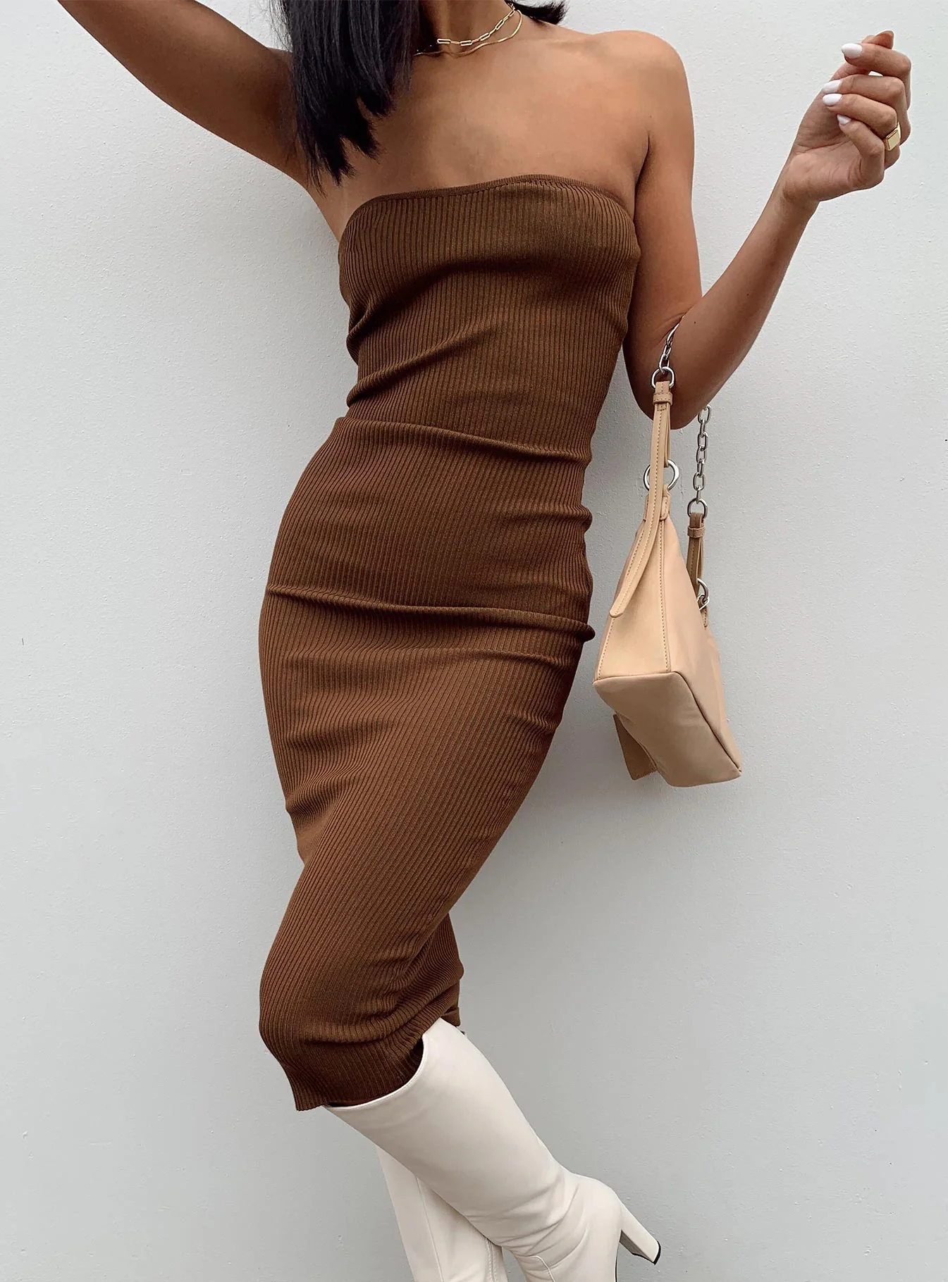 Paige Strapless Midi Dress Brown