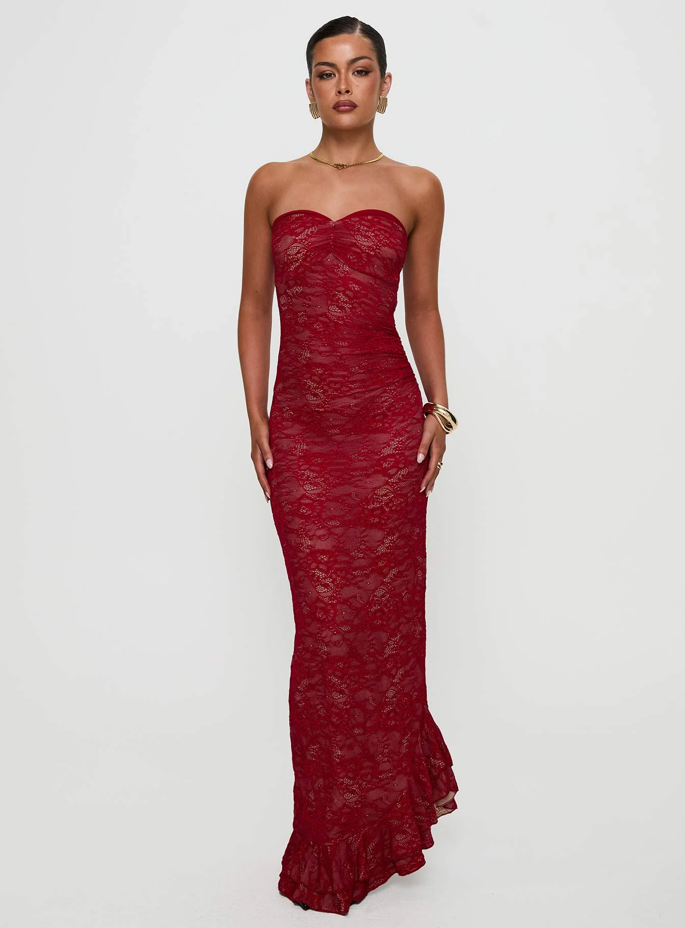Hailees Lace Strapless Maxi Dress Red