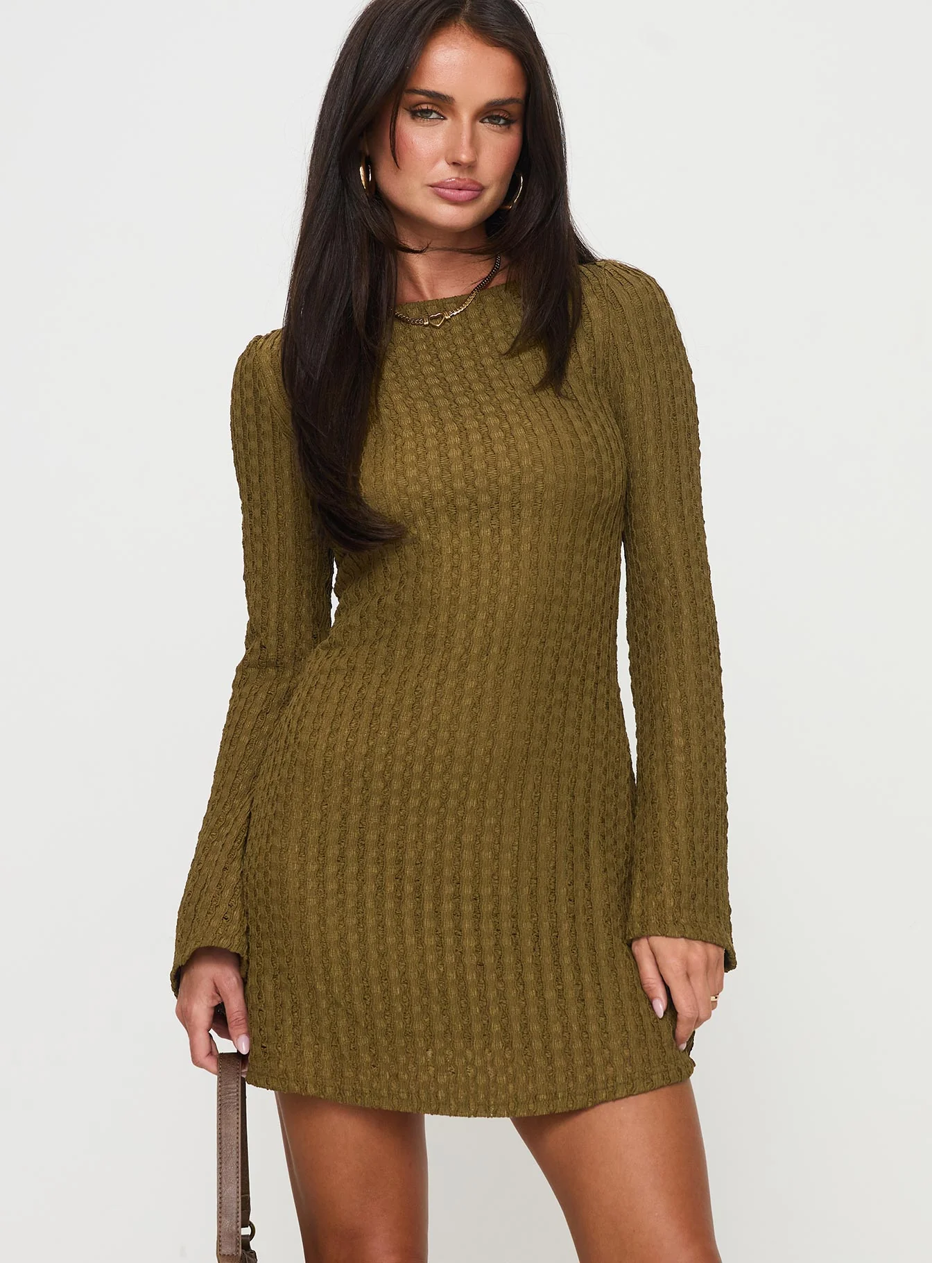 Lukea Long Sleeve Mini Dress Olive Ribbed