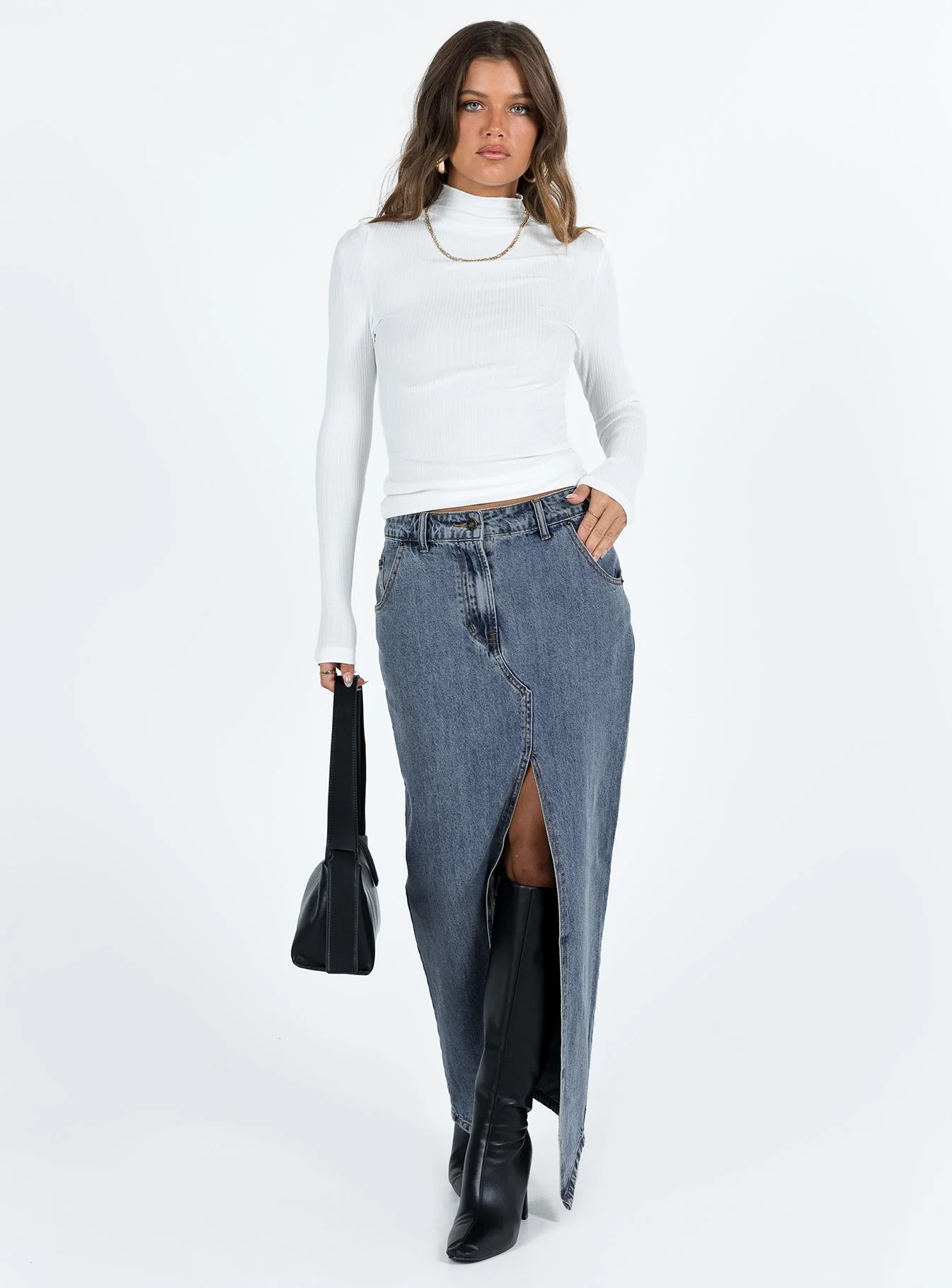 Barbara Split Midi Skirt Faded Denim