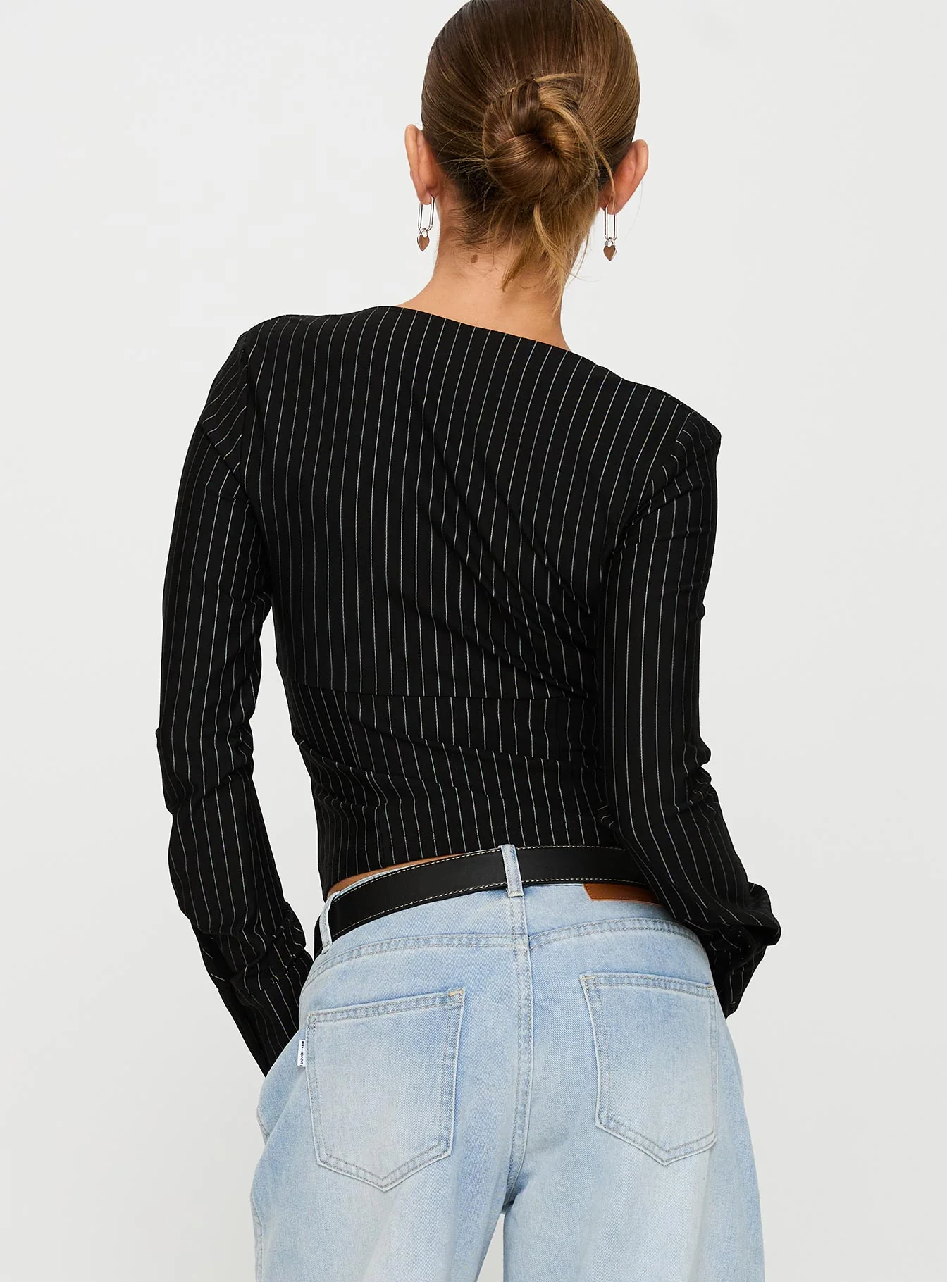 Set For Life Foldover Detail Long Sleeve Top Black / White Pinstripe