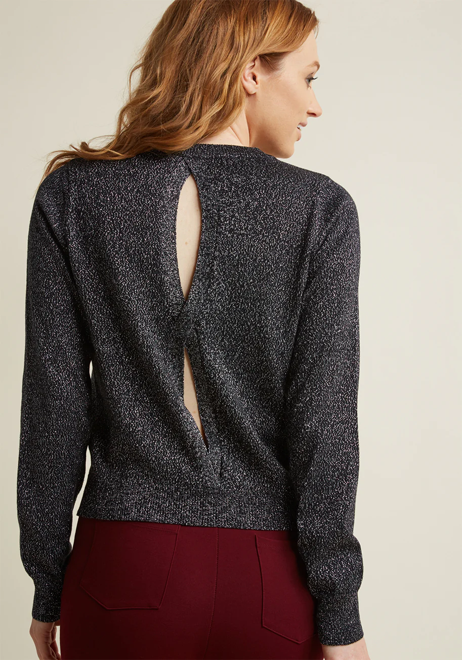 Metallic Sweater with Open Back in Black