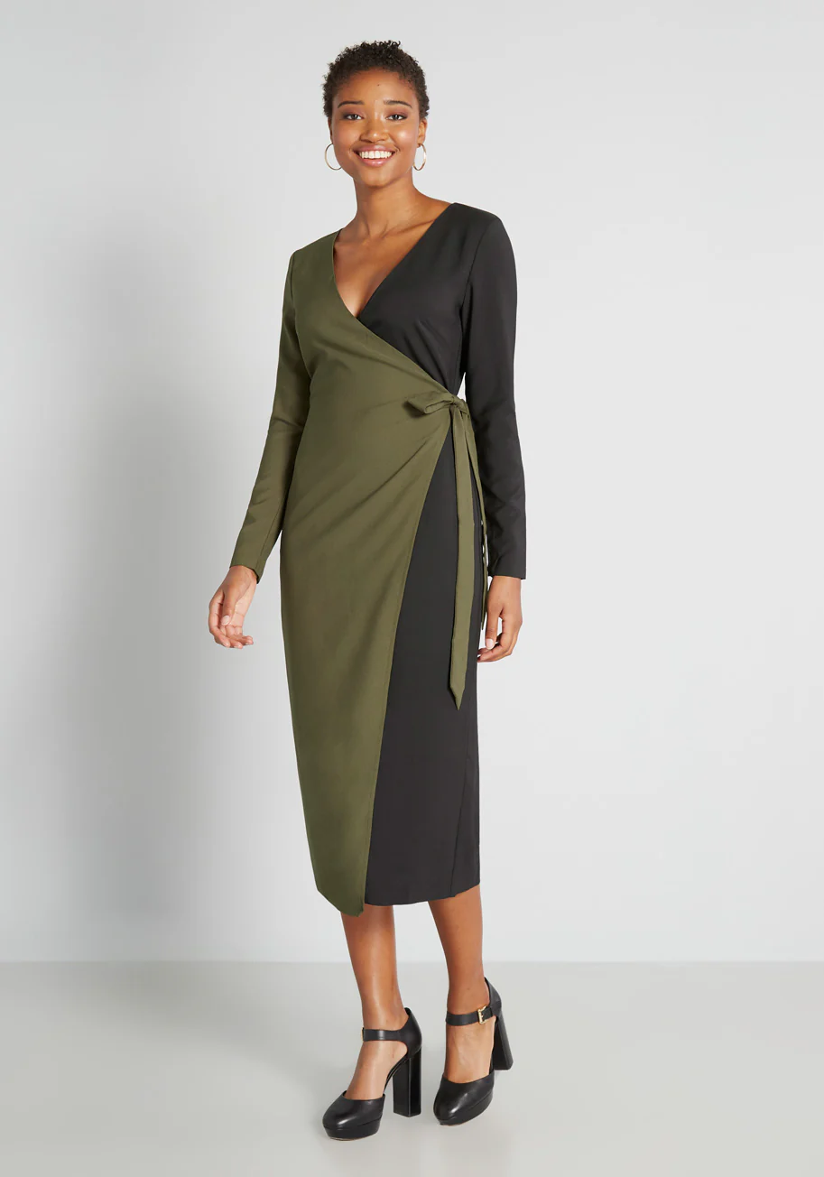 Modern Precision Midi Wrap Dress