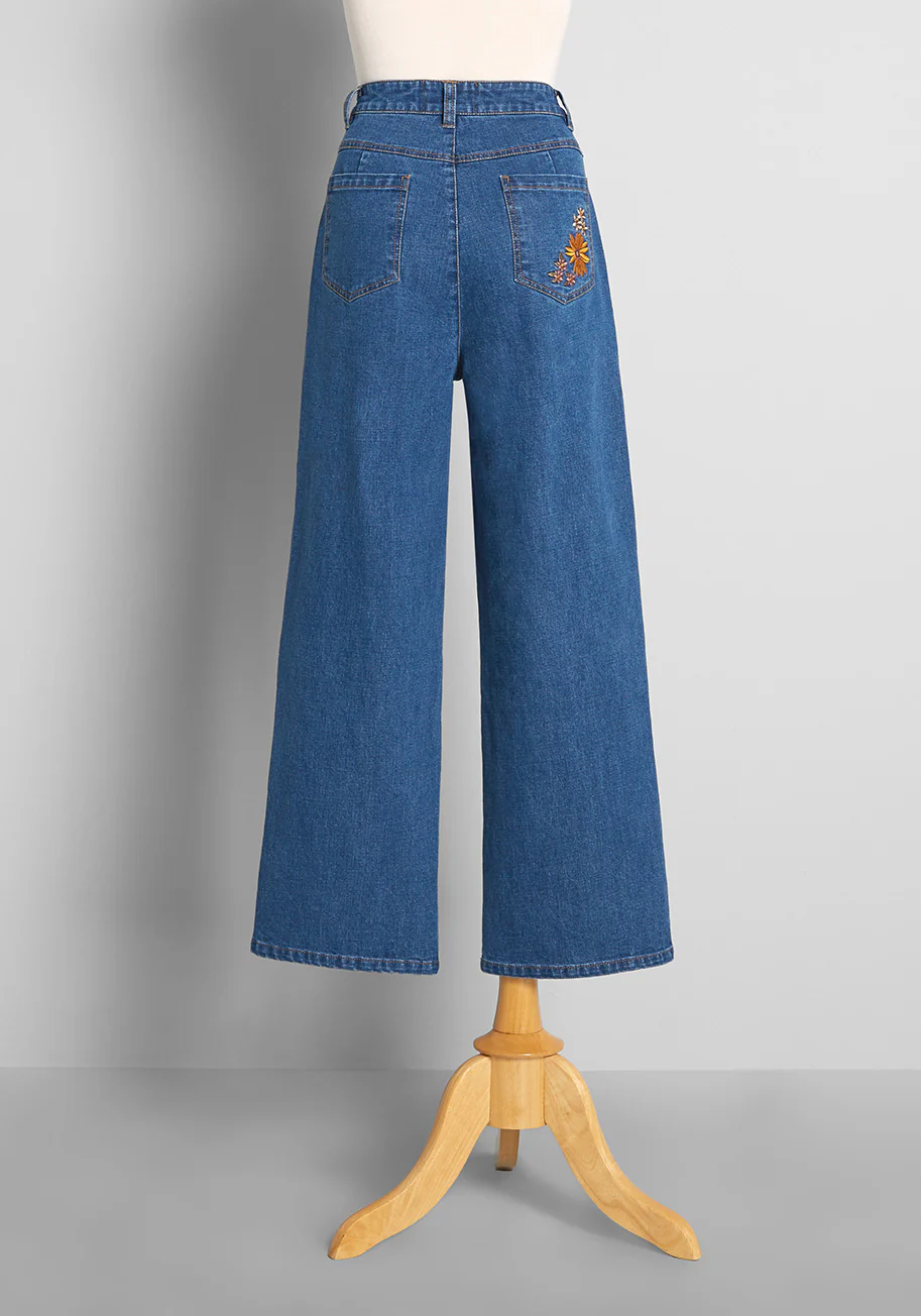 ModCloth x Princess Highway Floral Embroidered Wide-Leg Jeans