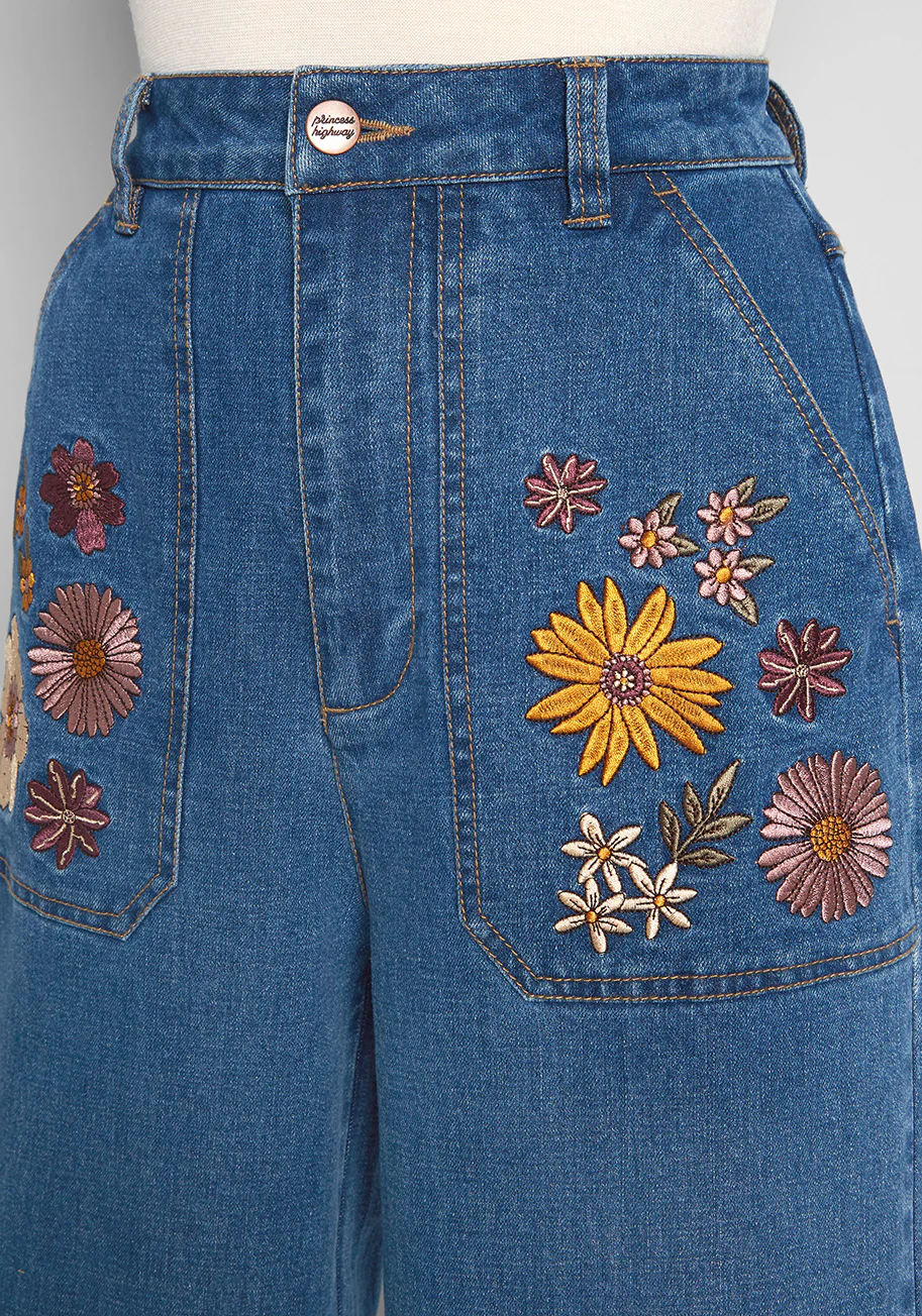 ModCloth x Princess Highway Floral Embroidered Wide-Leg Jeans