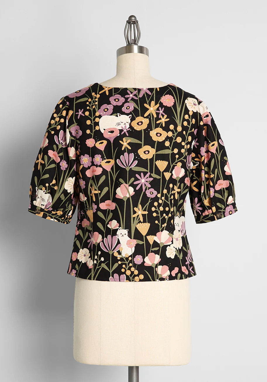 ModCloth x Princess Highway Floral Felines Button-Up Blouse