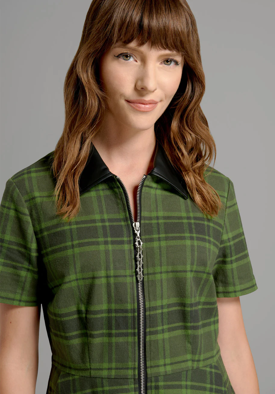 On A Power Zip Plaid Skater Dress
