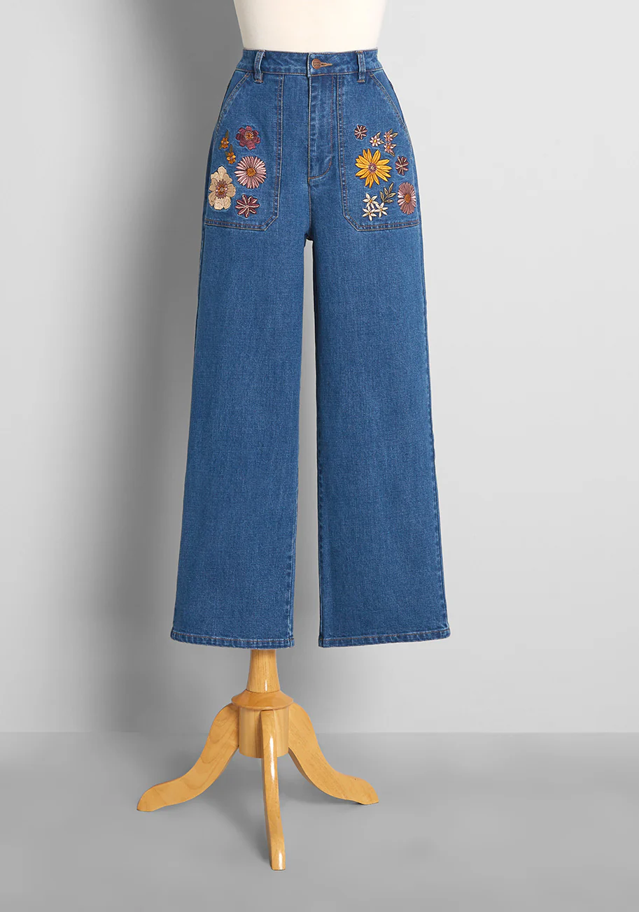 ModCloth x Princess Highway Floral Embroidered Wide-Leg Jeans