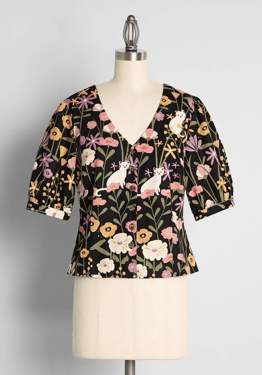 ModCloth x Princess Highway Floral Felines Button-Up Blouse