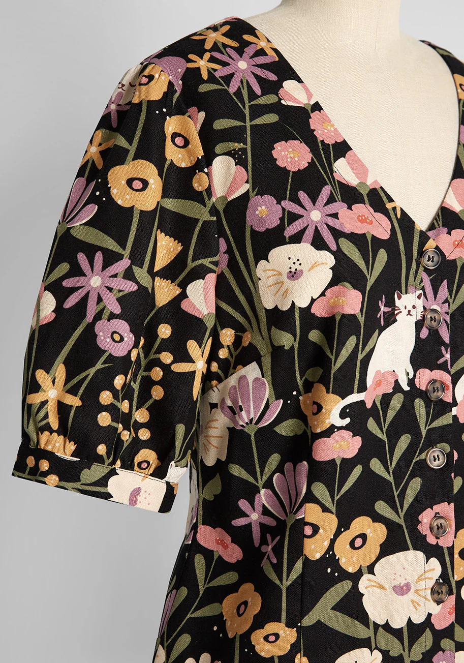 ModCloth x Princess Highway Floral Felines Button-Up Blouse