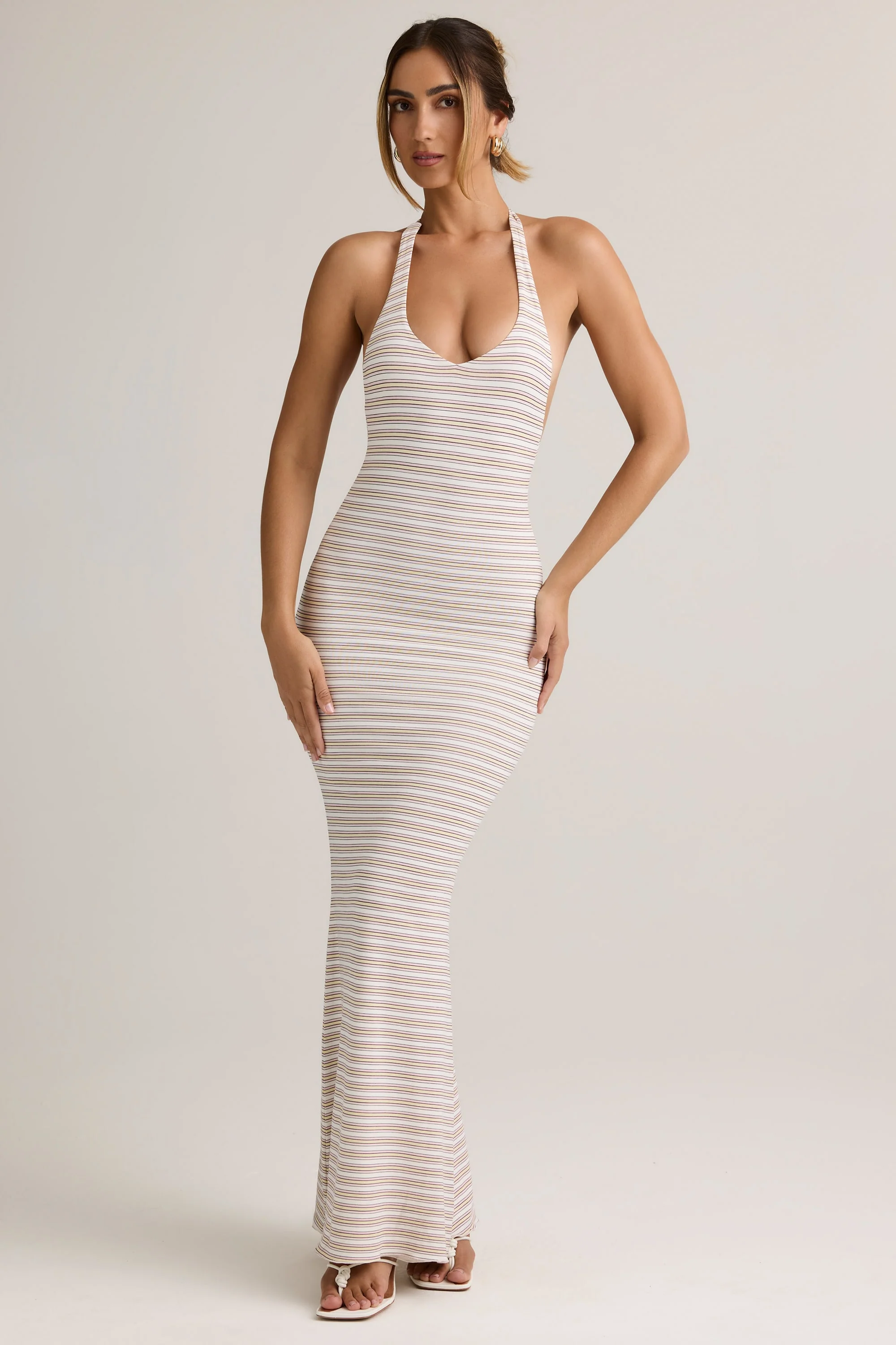 Modal Backless Halterneck Maxi Dress in Pink & Yellow Stripe