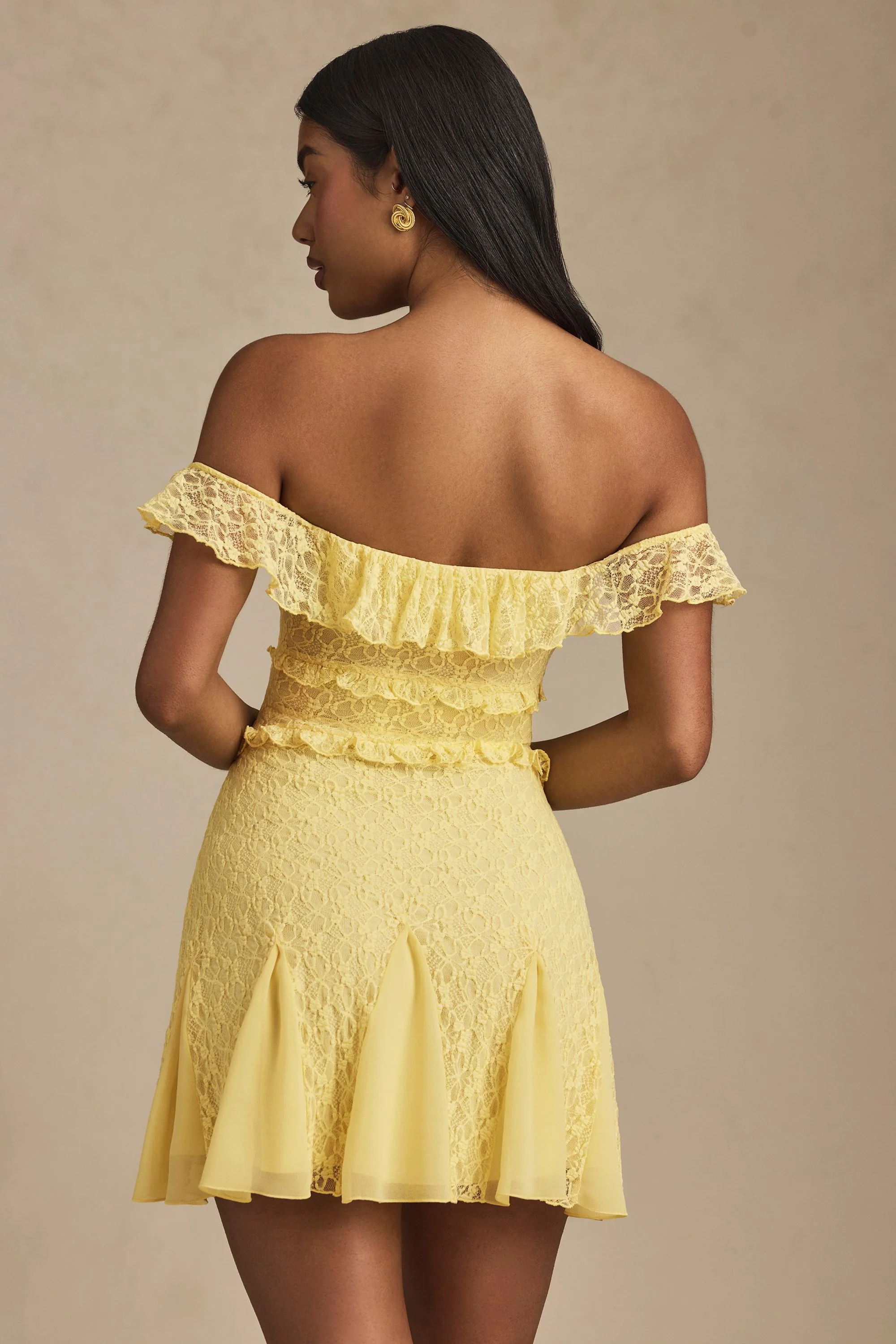 Off-Shoulder Lace A-Line Mini Dress in Pastel Yellow