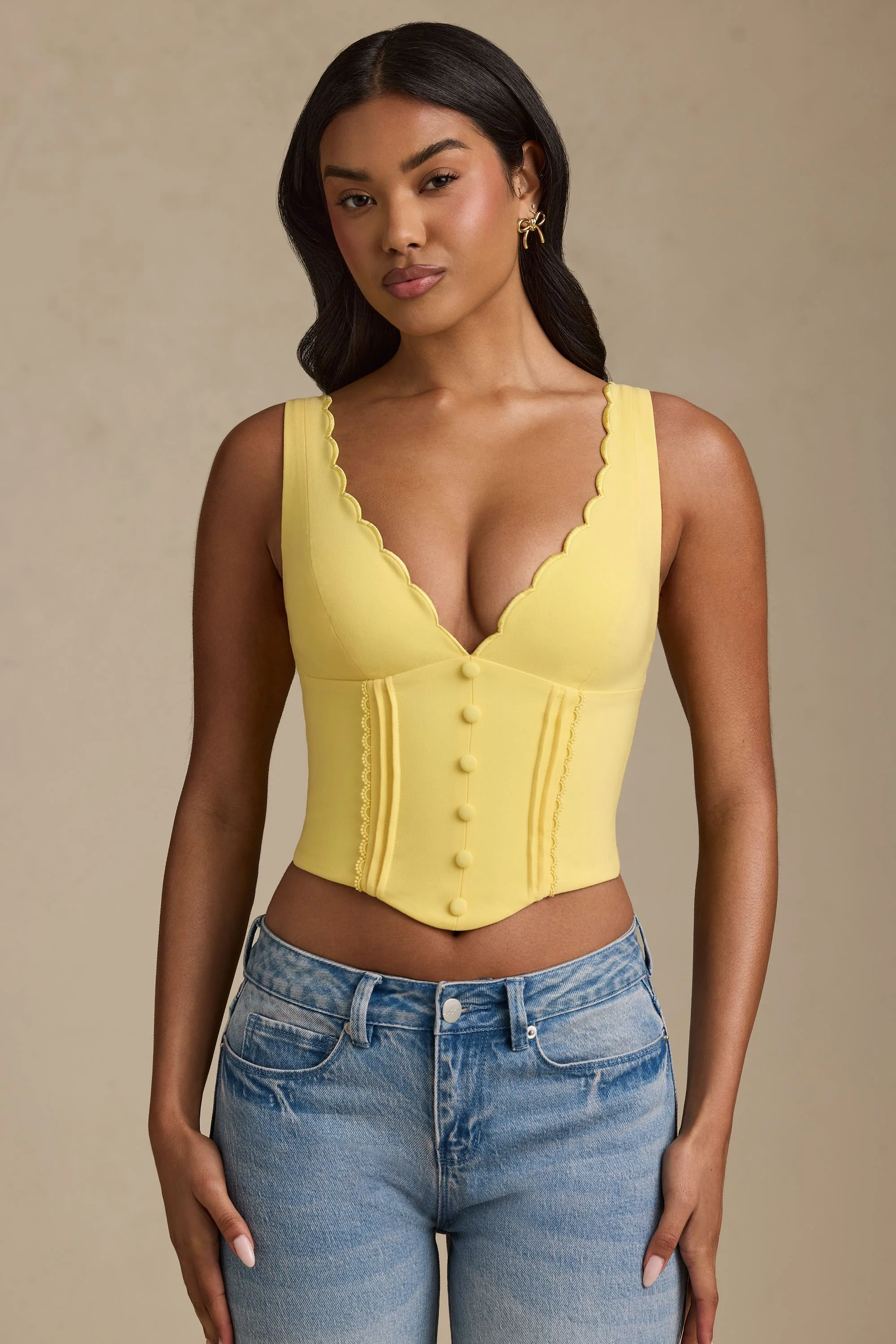 Plunge-Neck Scalloped Corset Top in Pastel Yellow