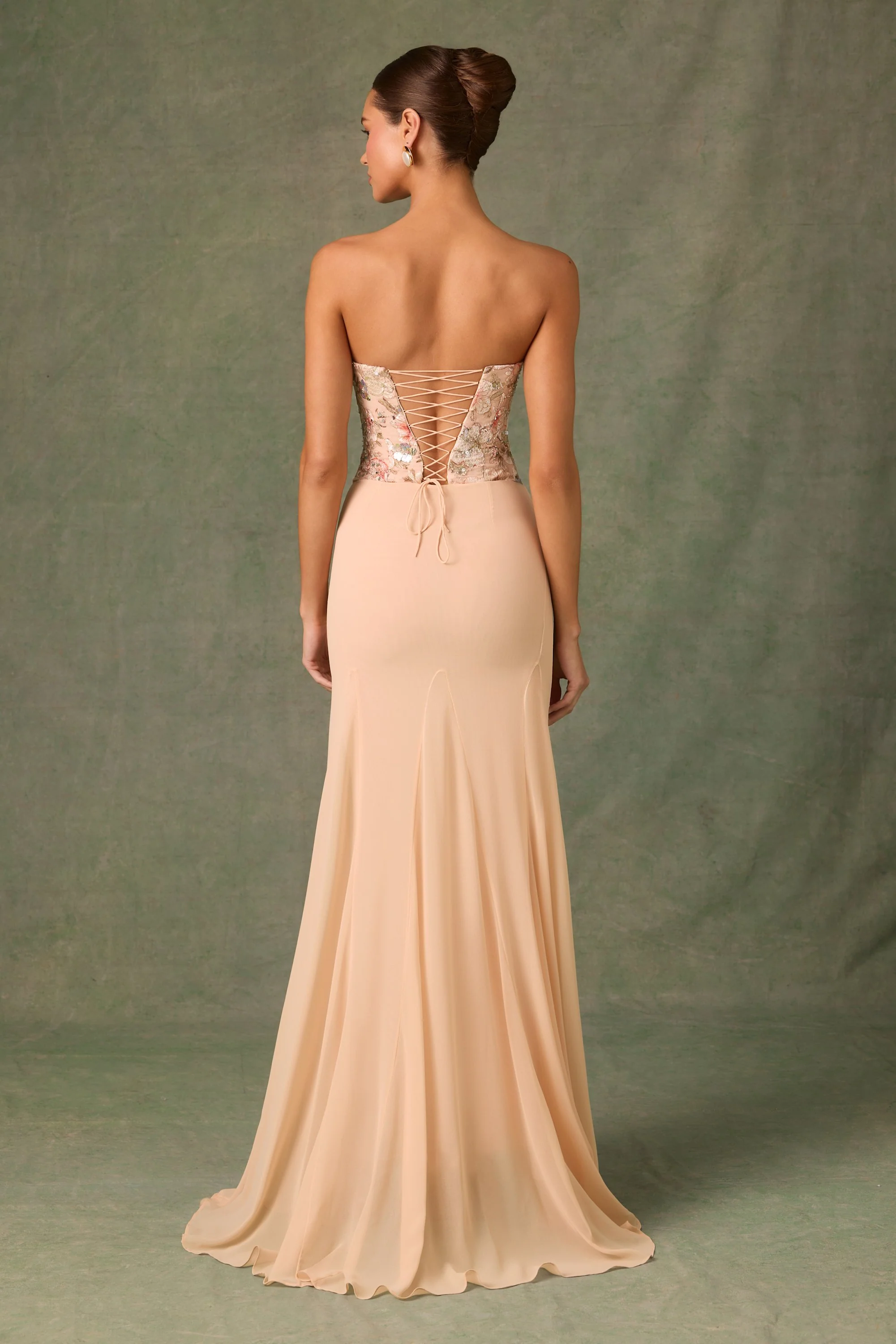 Embellished Corset Fishtail Gown in Floral Beige