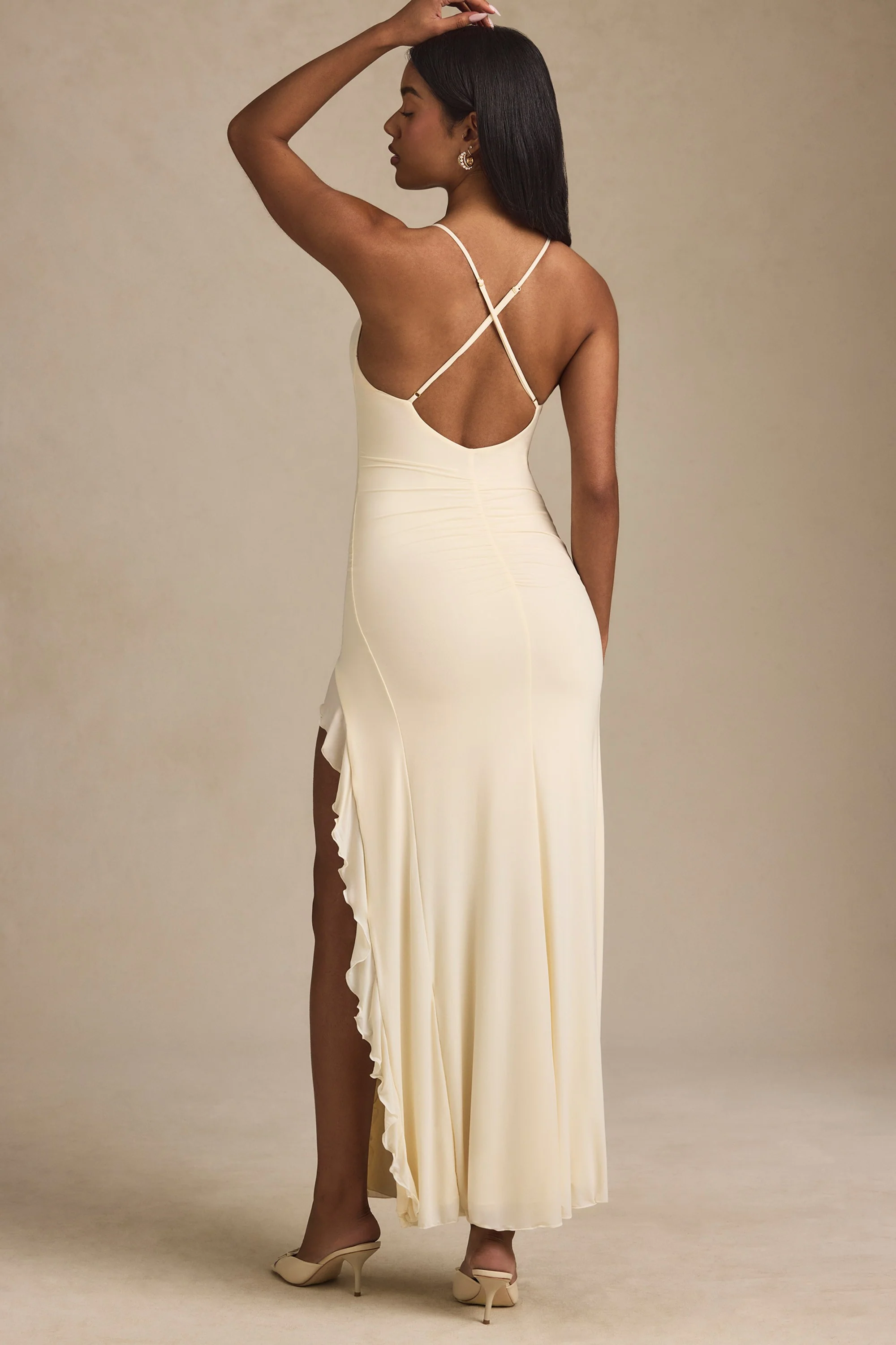Ruched Ruffle-Trim Maxi Dress in Ivory