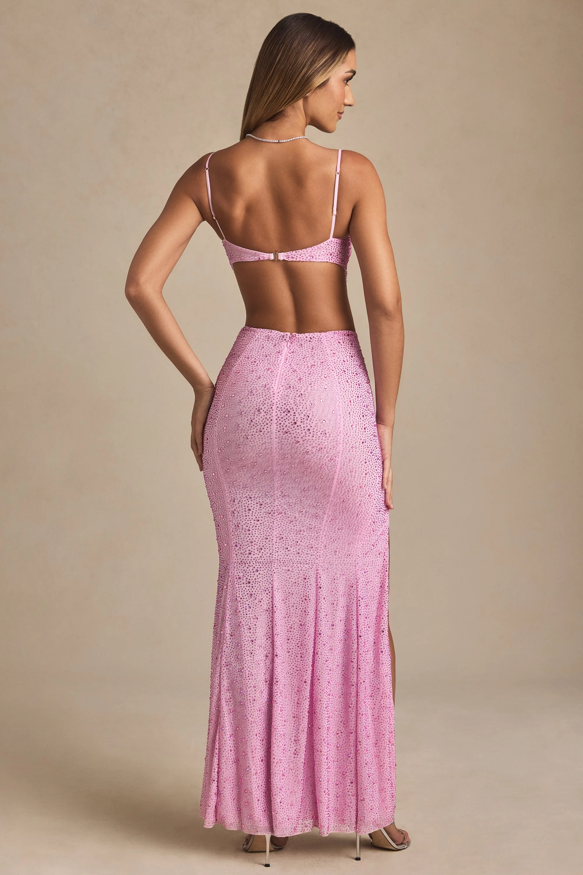 Embellished Cut-Out Fishtail Maxi Dress in Peony Pink
