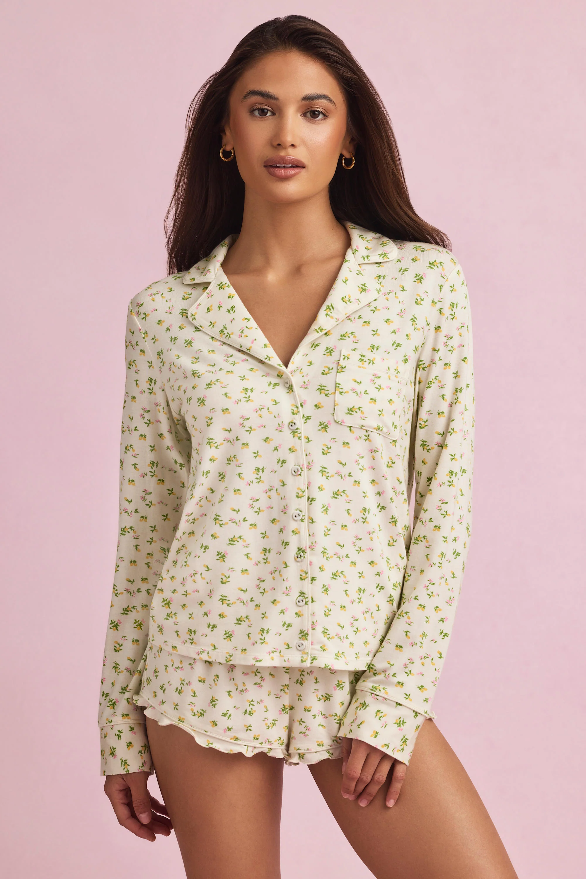Modal Long-Sleeve Pyjama Top in Lemon Print