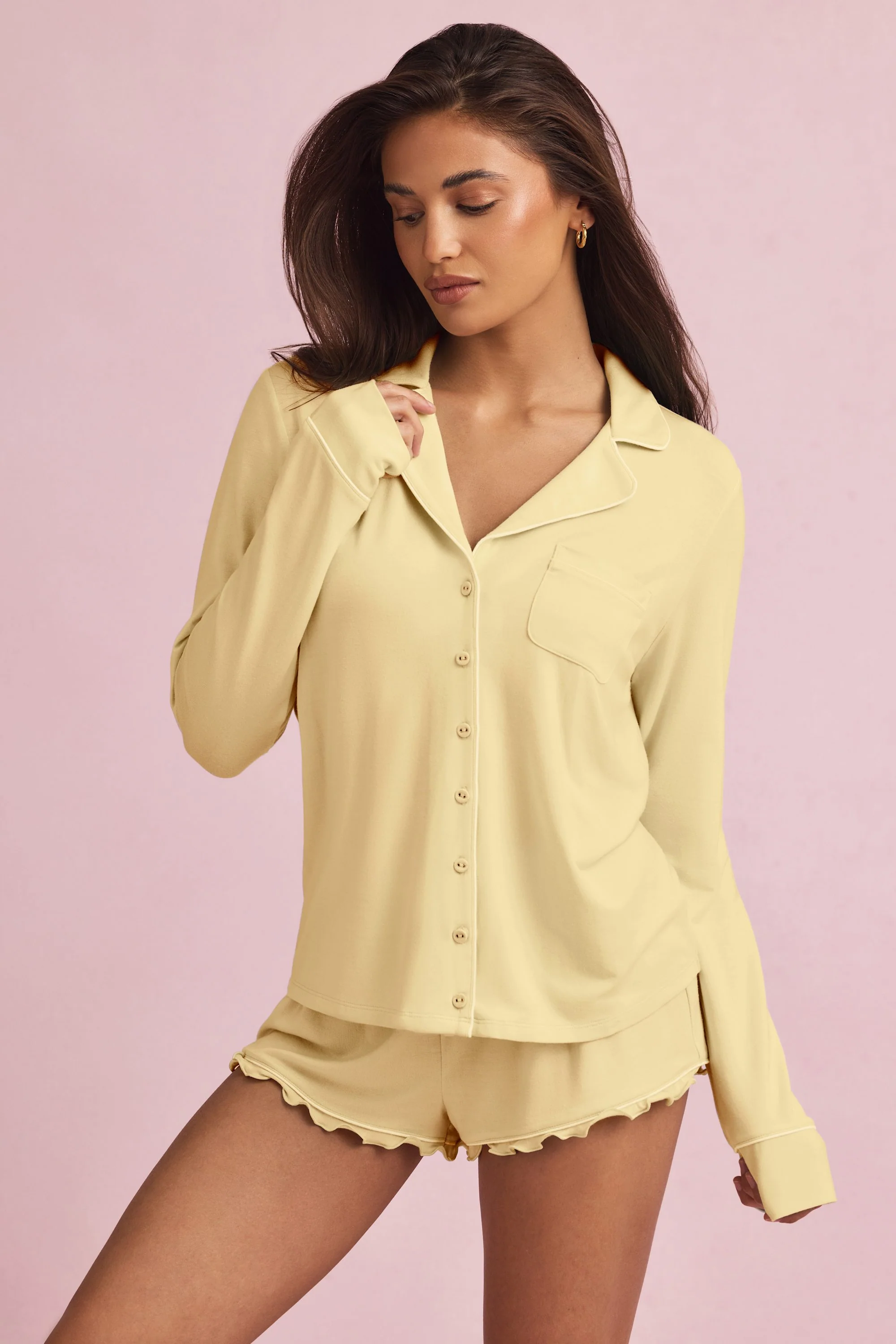 Modal Long-Sleeve Pyjama Top in Pastel Yellow