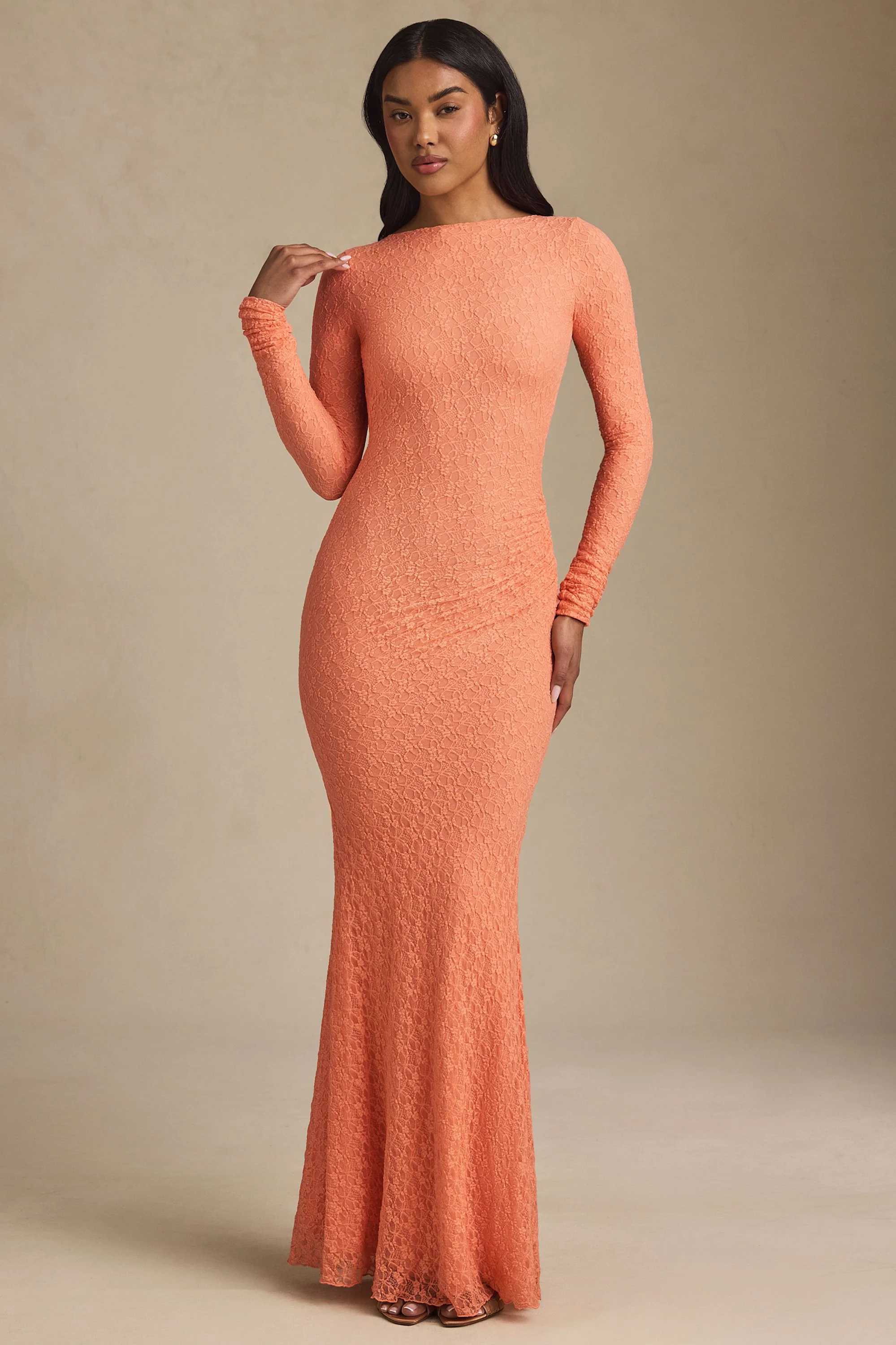 Ruched Backless Lace Maxi Dress in Peach