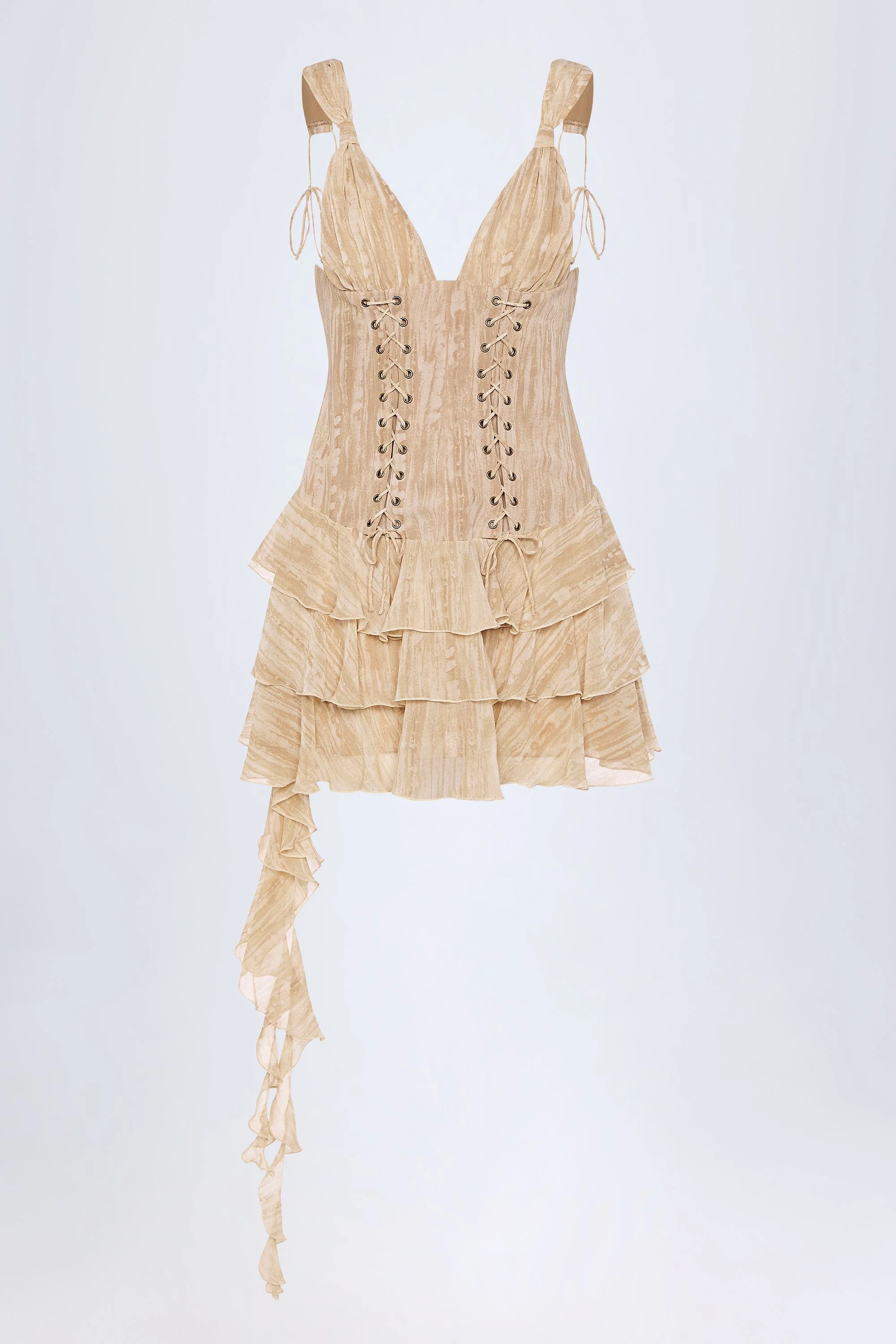 Lace-Up Ruffled Tiered Mini Dress in Tan Print