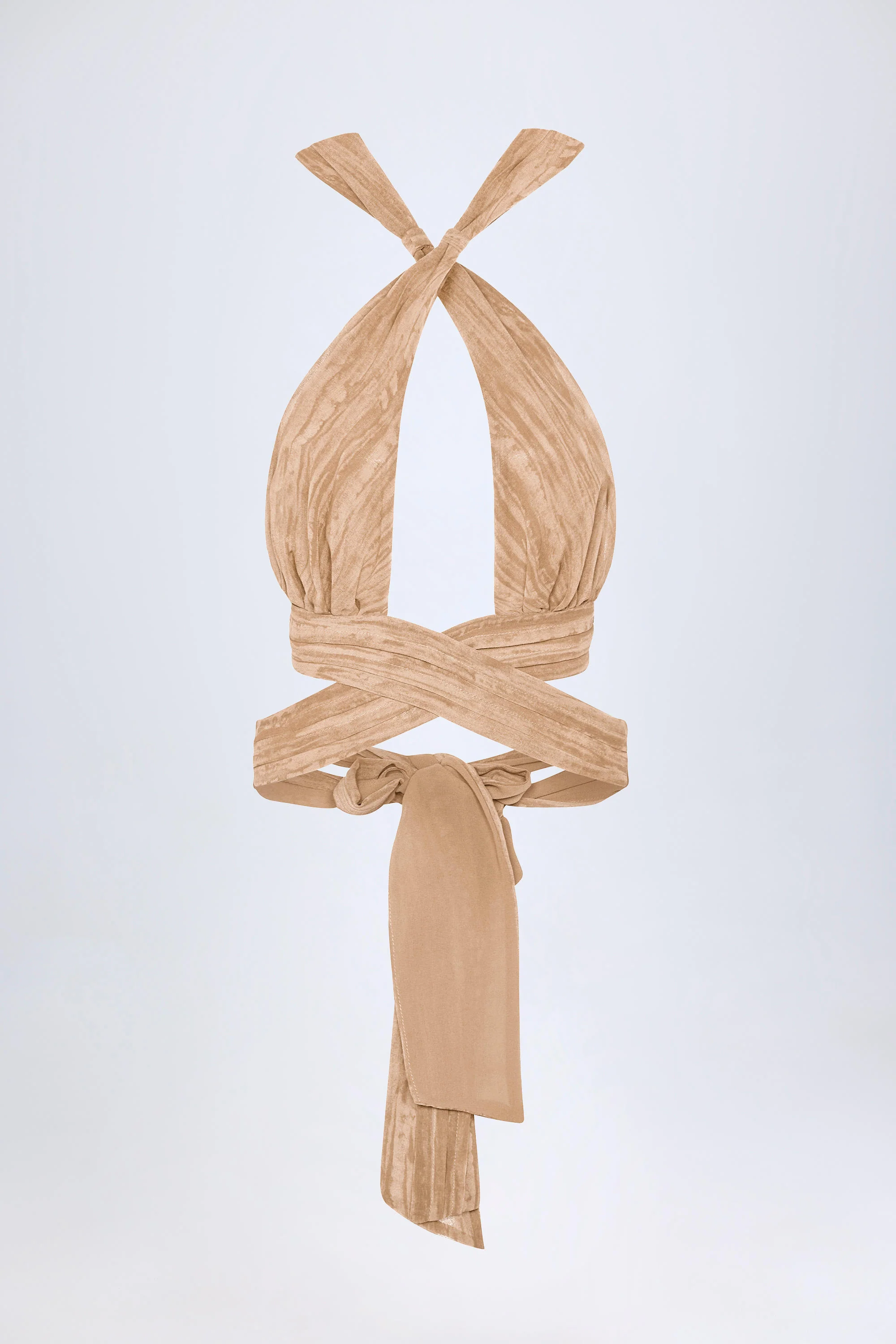 Ruched Halterneck Crop Top in Tan Print